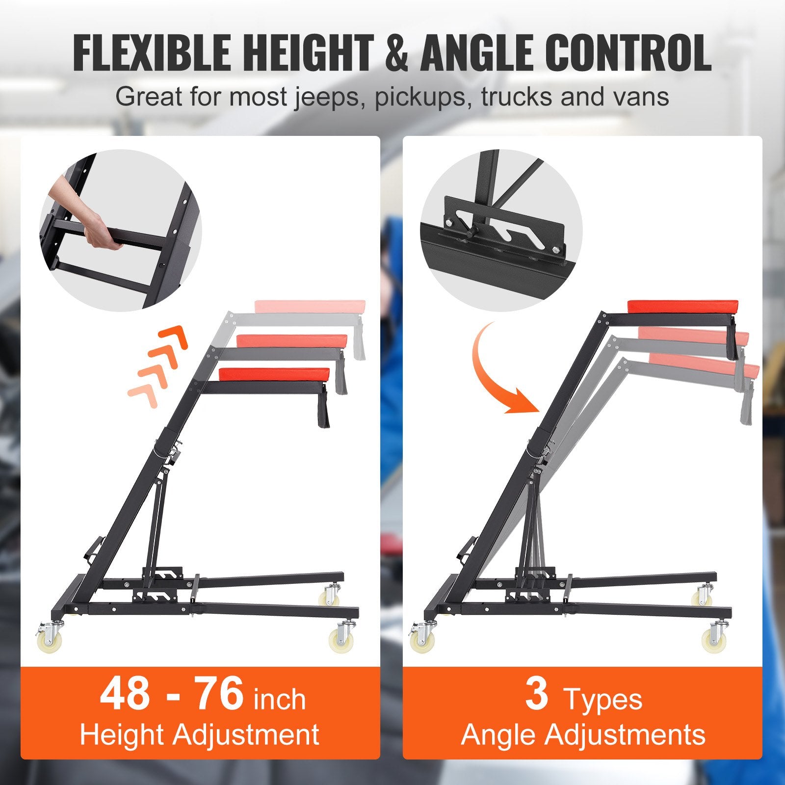 Automotive Topside Creeper, with Adjustable Height 48" to 76", 181.44KGS Capacity High Creeper, 4 Swivel V952-FDJXCTYHXHX4D070NV0