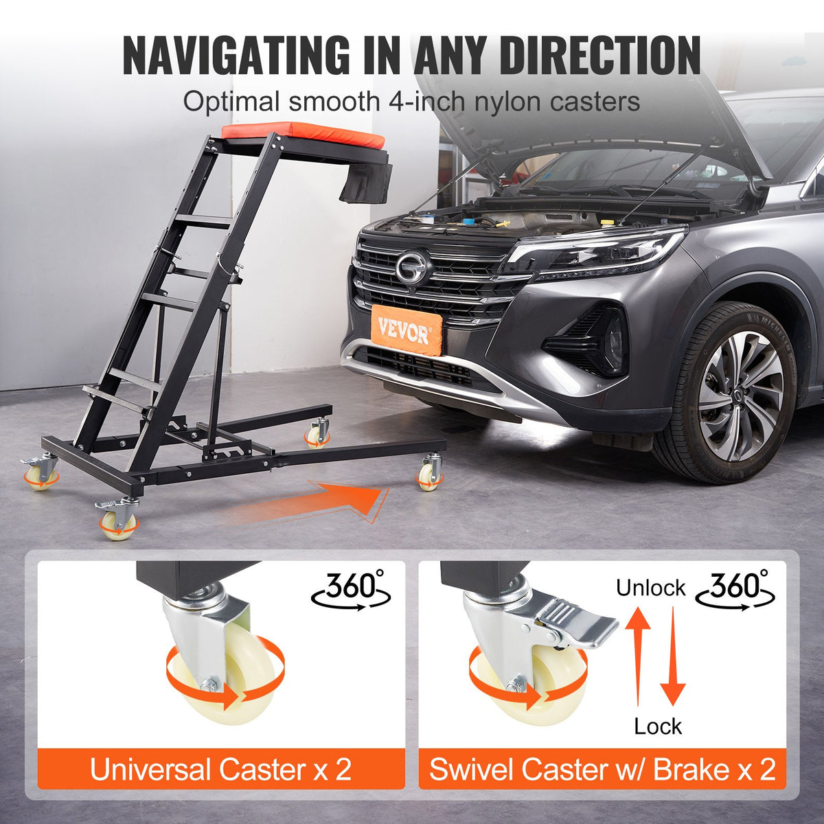 Automotive Topside Creeper, with Adjustable Height 48" to 76", 181.44KGS Capacity High Creeper, 4 Swivel V952-FDJXCTYHXHX4D070NV0