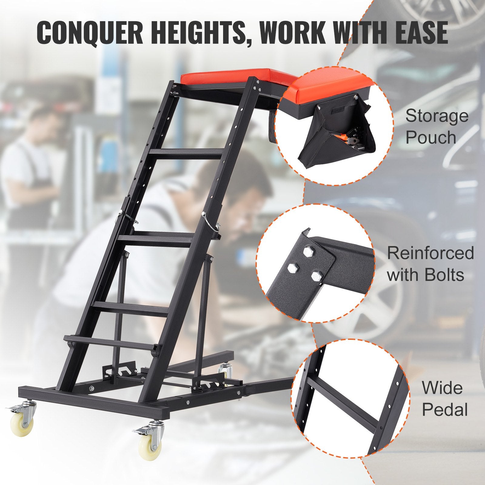Automotive Topside Creeper, with Adjustable Height 48" to 76", 181.44KGS Capacity High Creeper, 4 Swivel V952-FDJXCTYHXHX4D070NV0