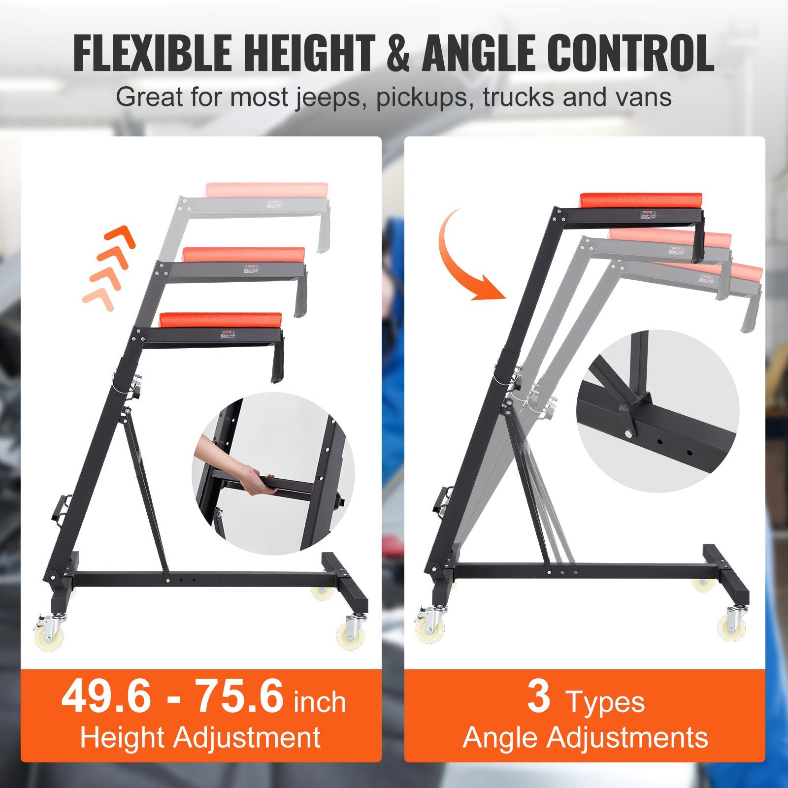 Automotive Topside Creeper, with Adjustable Height 49.6" to 75.6", 181.44KGS Capacity High Creeper, 4 Swivel V952-FDJXCTYIXIX4SJCLPV0