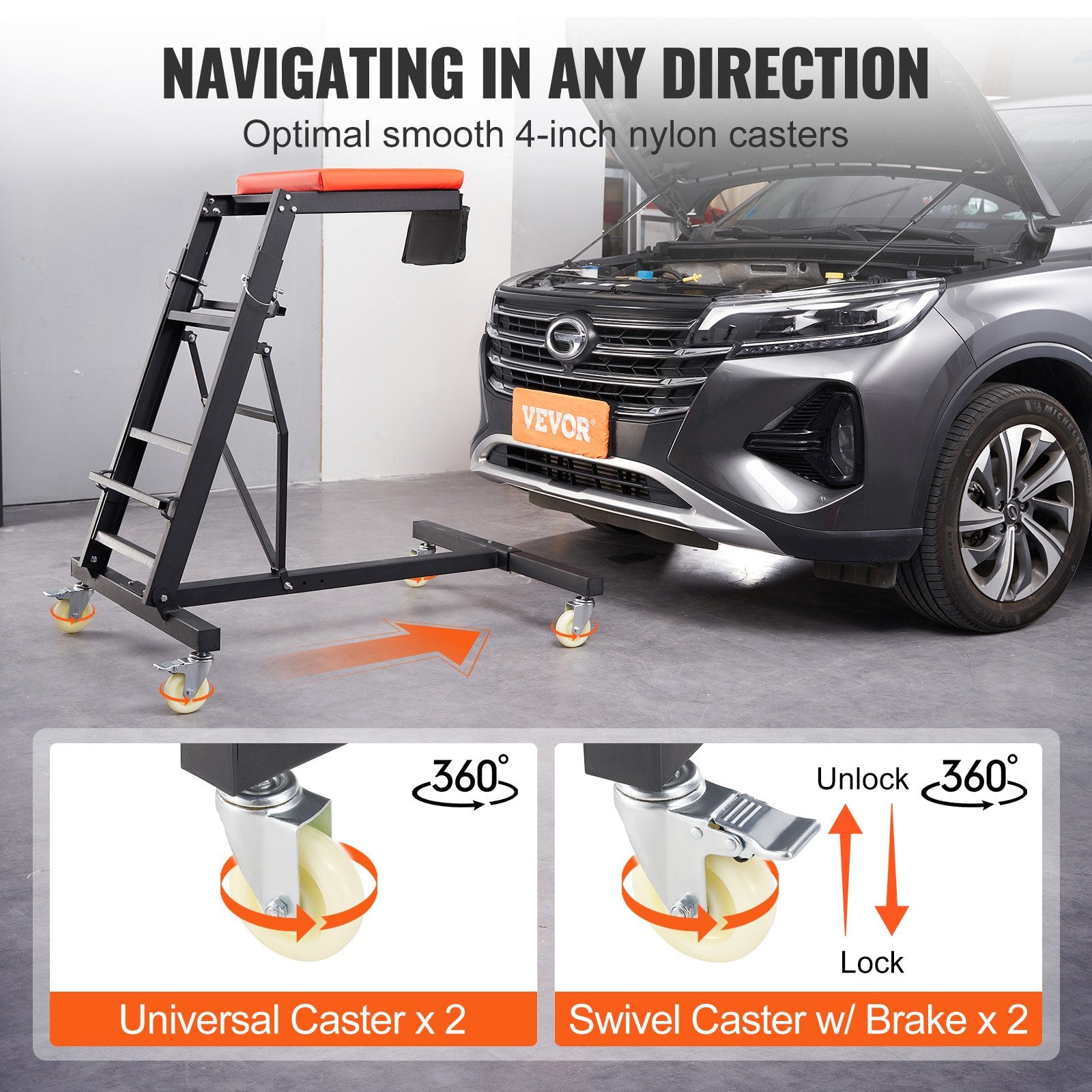Automotive Topside Creeper, with Adjustable Height 49.6" to 75.6", 181.44KGS Capacity High Creeper, 4 Swivel V952-FDJXCTYIXIX4SJCLPV0
