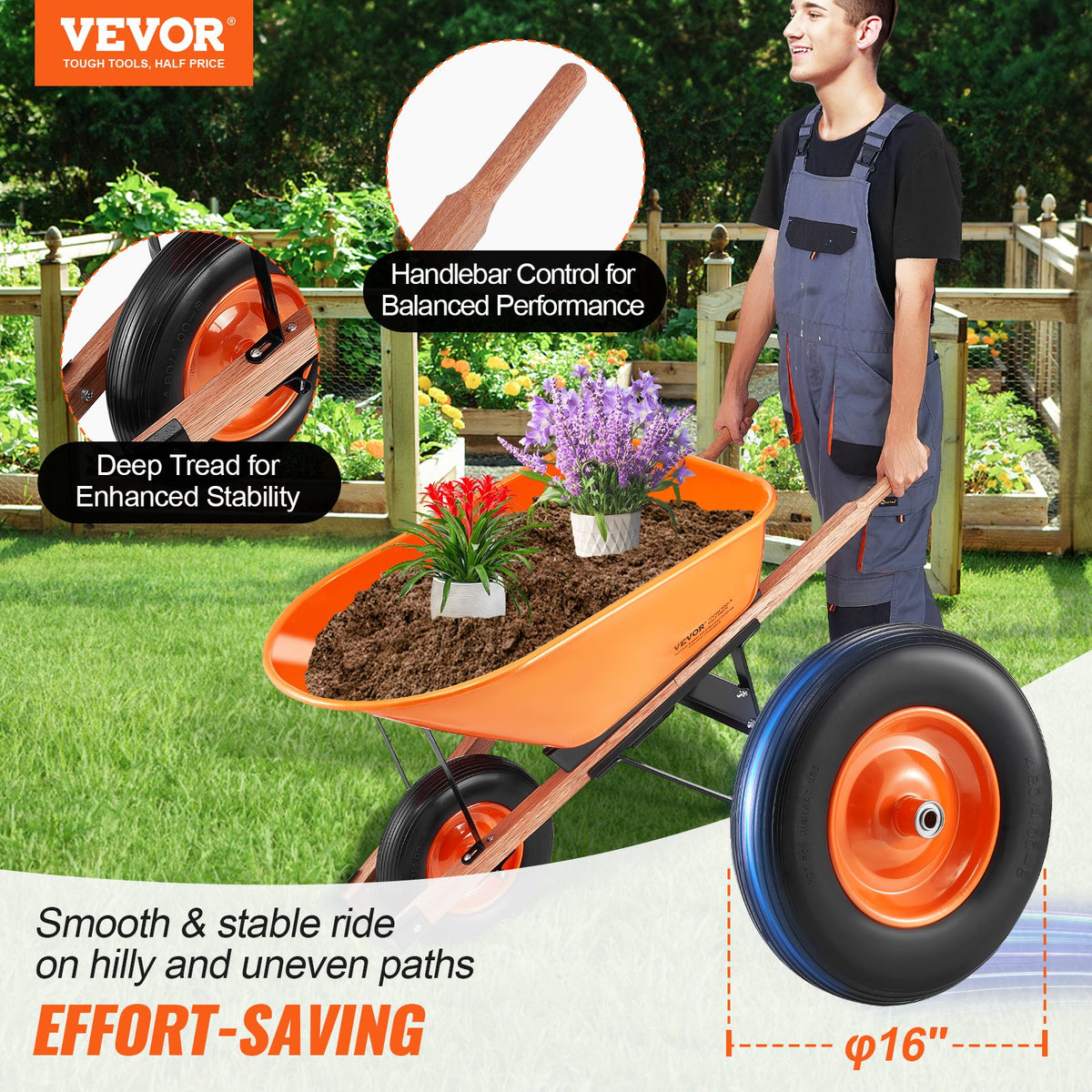 Wheelbarrow Cart One Wheel 6 Cu Ft Garden Dump Cart 330 lbs Utility Cart V952-FDL2LHYTC1JL101ICV0
