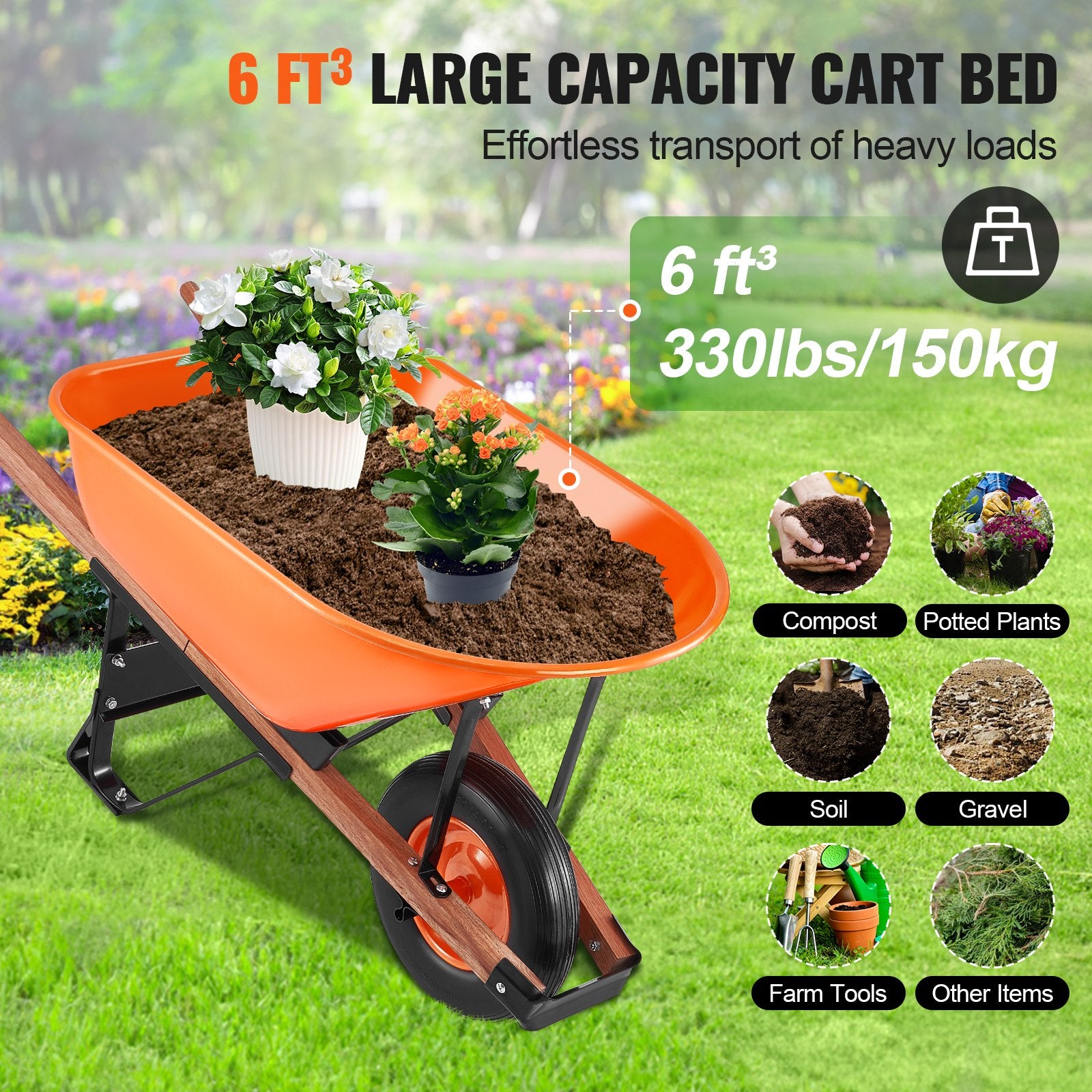Wheelbarrow Cart One Wheel 6 Cu Ft Garden Dump Cart 330 lbs Utility Cart V952-FDL2LHYTC1JL101ICV0
