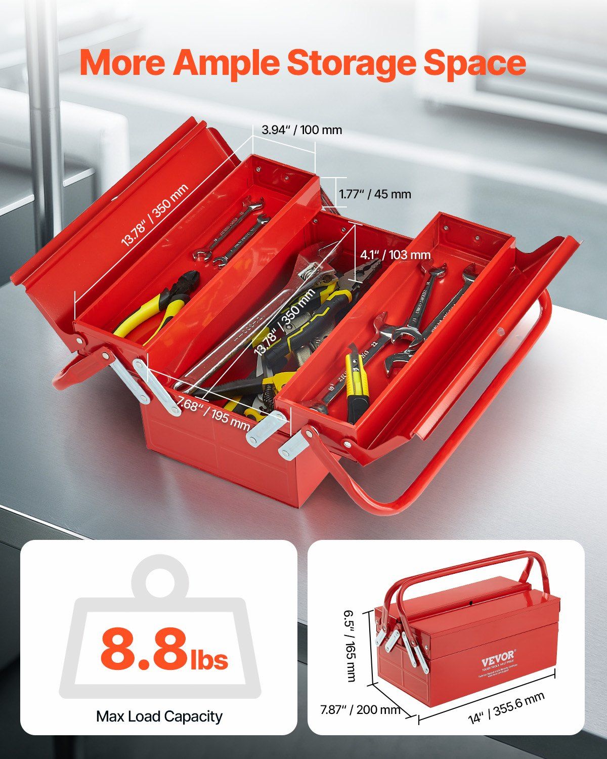 Metal Tool Box, 14-inch, 2-Tier 3-Tray Portable Folding Tool Chest Organizer with Handle & Lock Hole, Powder V952-FDSBXSGJX14I7NN0BV0