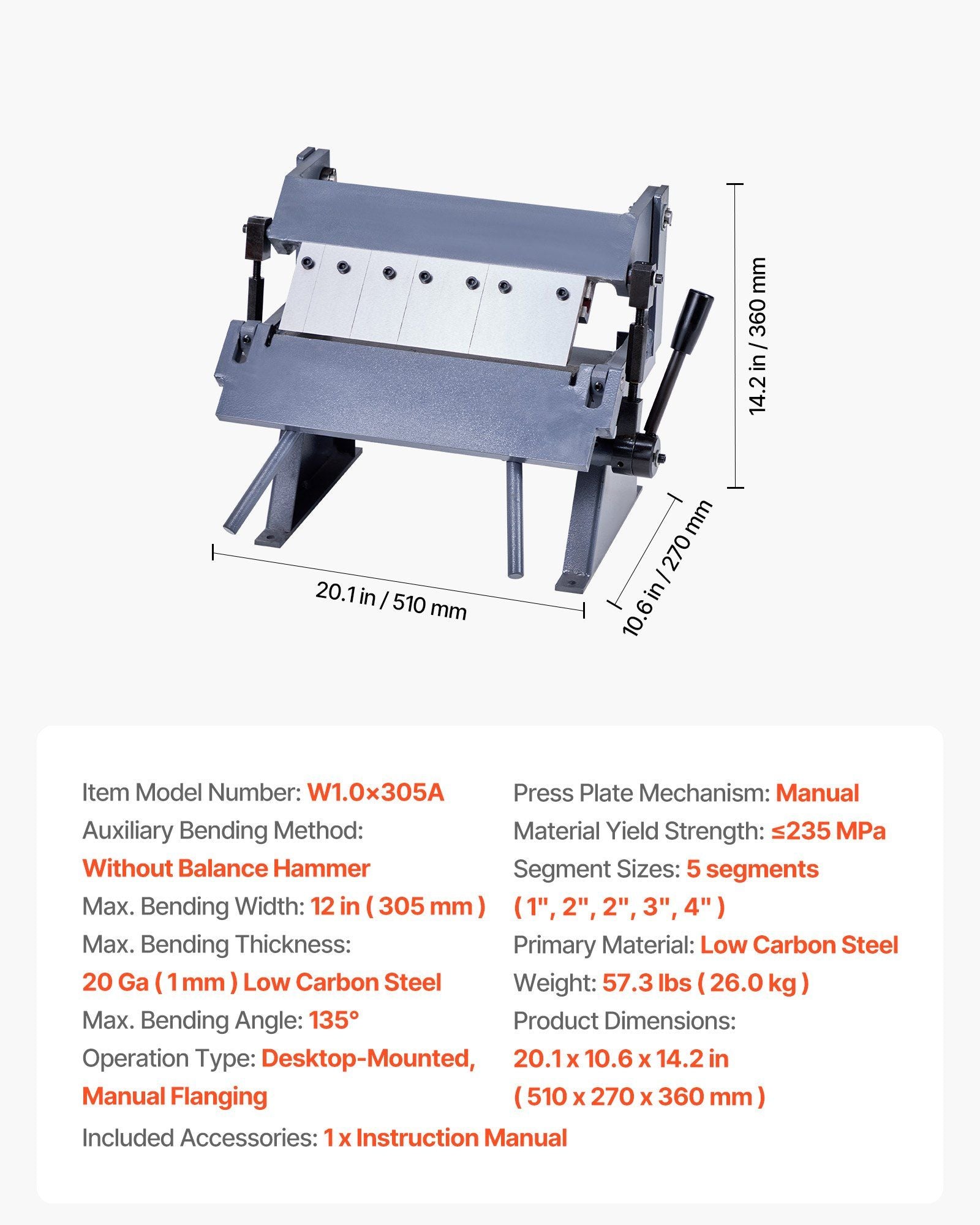 Box and Pan Brake, 305 mm Sheet Metal Bending Brake, 20-Gauge Mild Steel Capacity, 0-135 Degree Adjustable, V952-FDSWQZDQFDSWK6NDU001V0