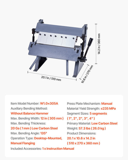 Box and Pan Brake, 305 mm Sheet Metal Bending Brake, 20-Gauge Mild Steel Capacity, 0-135 Degree Adjustable, V952-FDSWQZDQFDSWK6NDU001V0