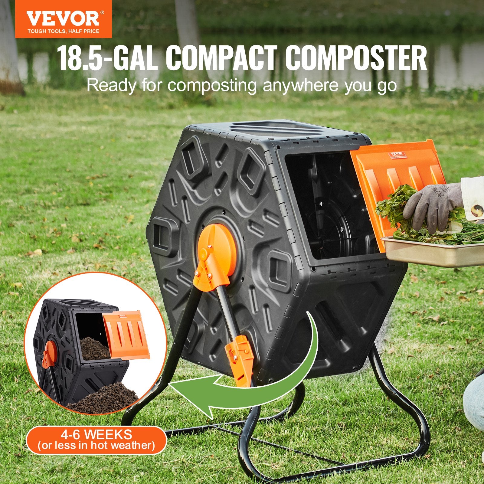 Compost Bin 18.5 Gal Composter Tumbler Rotating Outdoor with Sliding Door V952-FGDFJ185JL00JRFPDV0