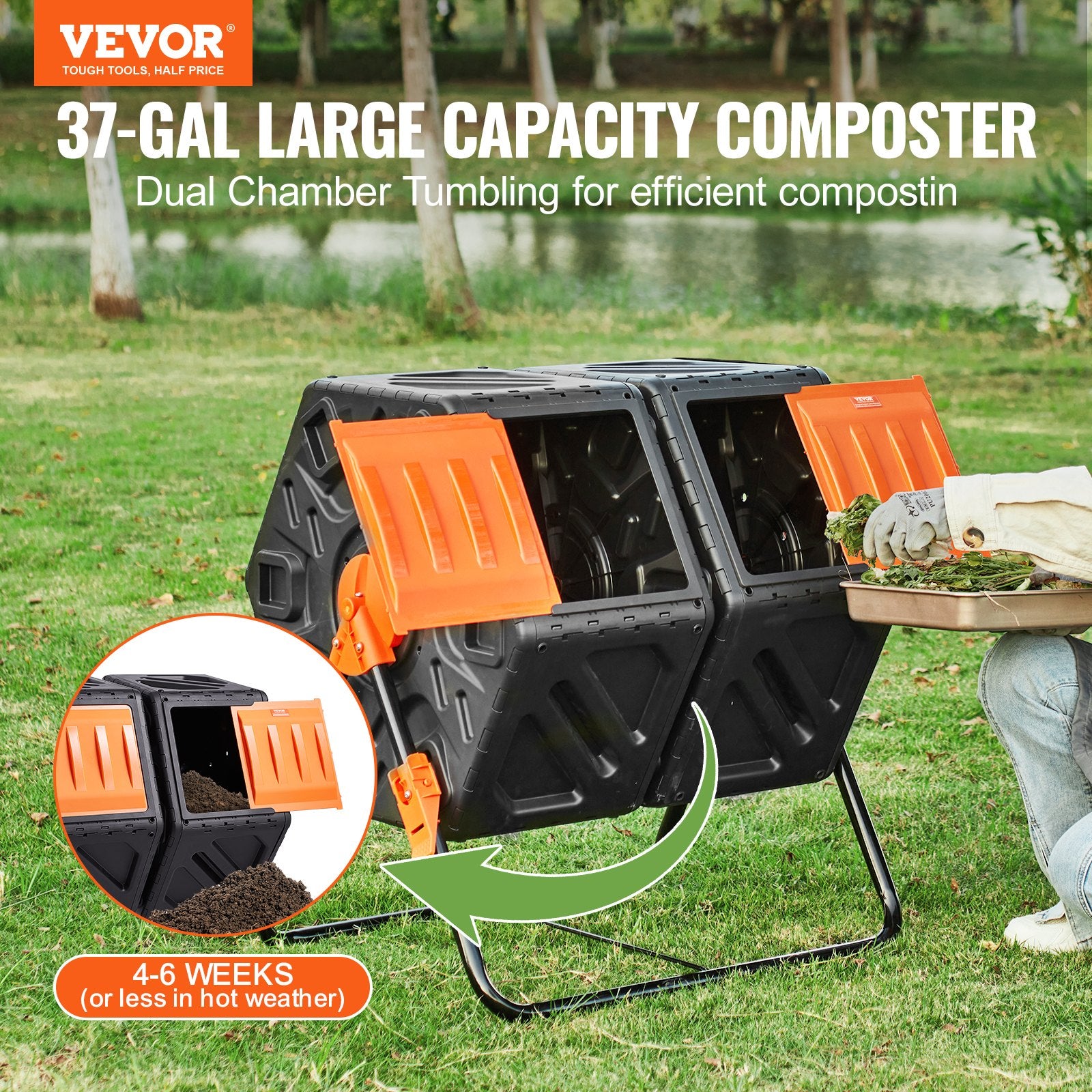 Compost Bin 37 Gal Dual-Chamber Composter Tumbler Rotating Sliding Doors V952-FGDFJ37JL000EYX7CV0