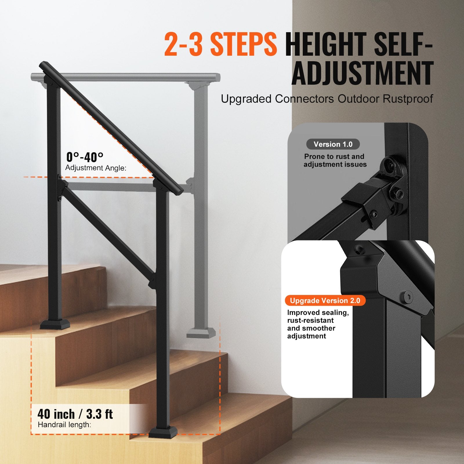 2 PCS 2-3 Handrails for Outdoor for Seniors Porch Deck Black Square Tube V952-FGDHGZLSLZFS730X7V0