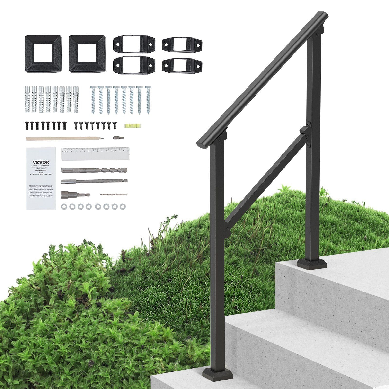 Handrails for Outdoor Steps, 2-3 Step Stair Hand Rail Kit, Transitional Carbon Steel Railings with V952-FGDHGZLSLZFSFYEP9V0