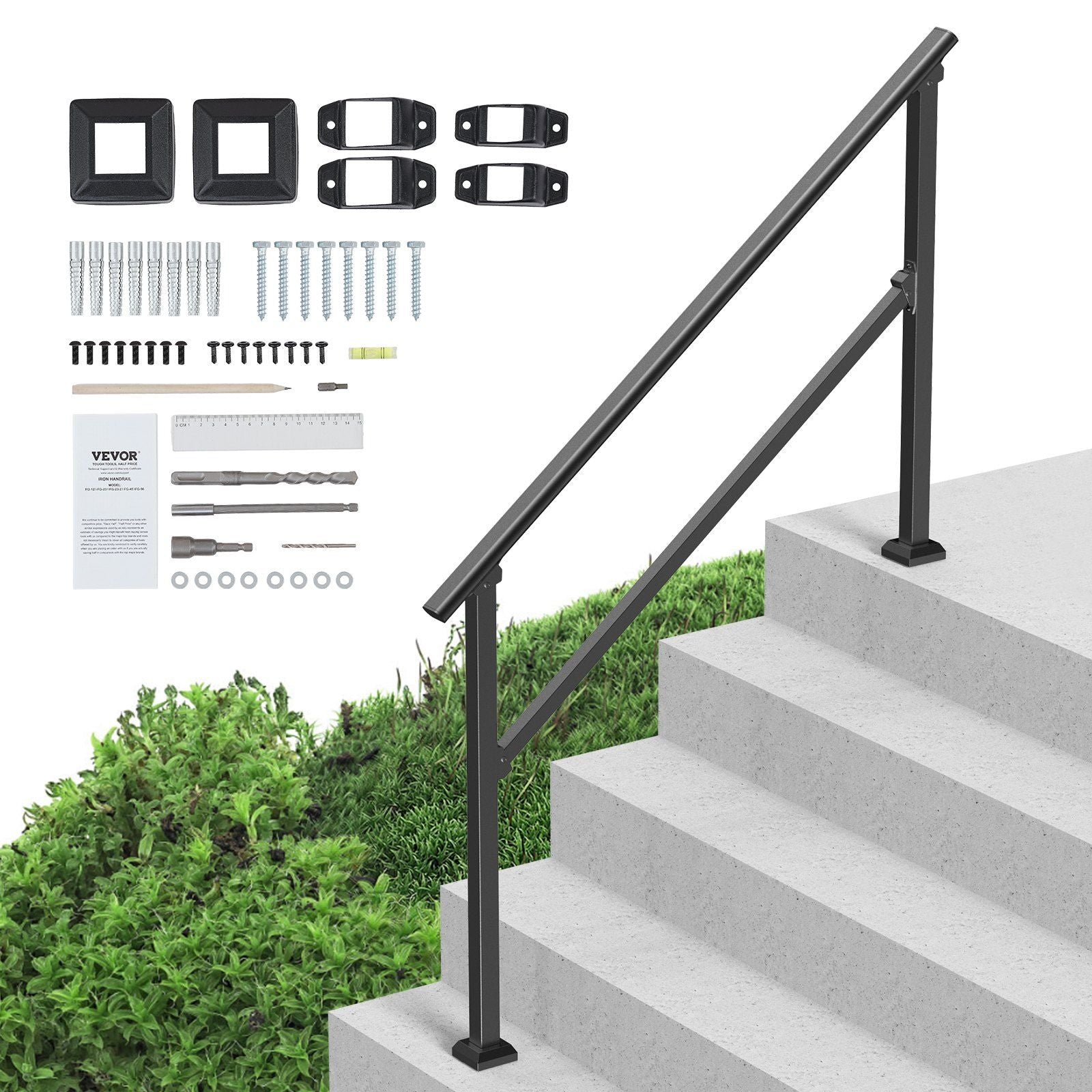 Handrails for Outdoor Steps, 4-5 Step Stair Hand Rail Kit, Transitional Carbon Steel Railings with V952-FGDHGZLSLZFSIFL6RV0