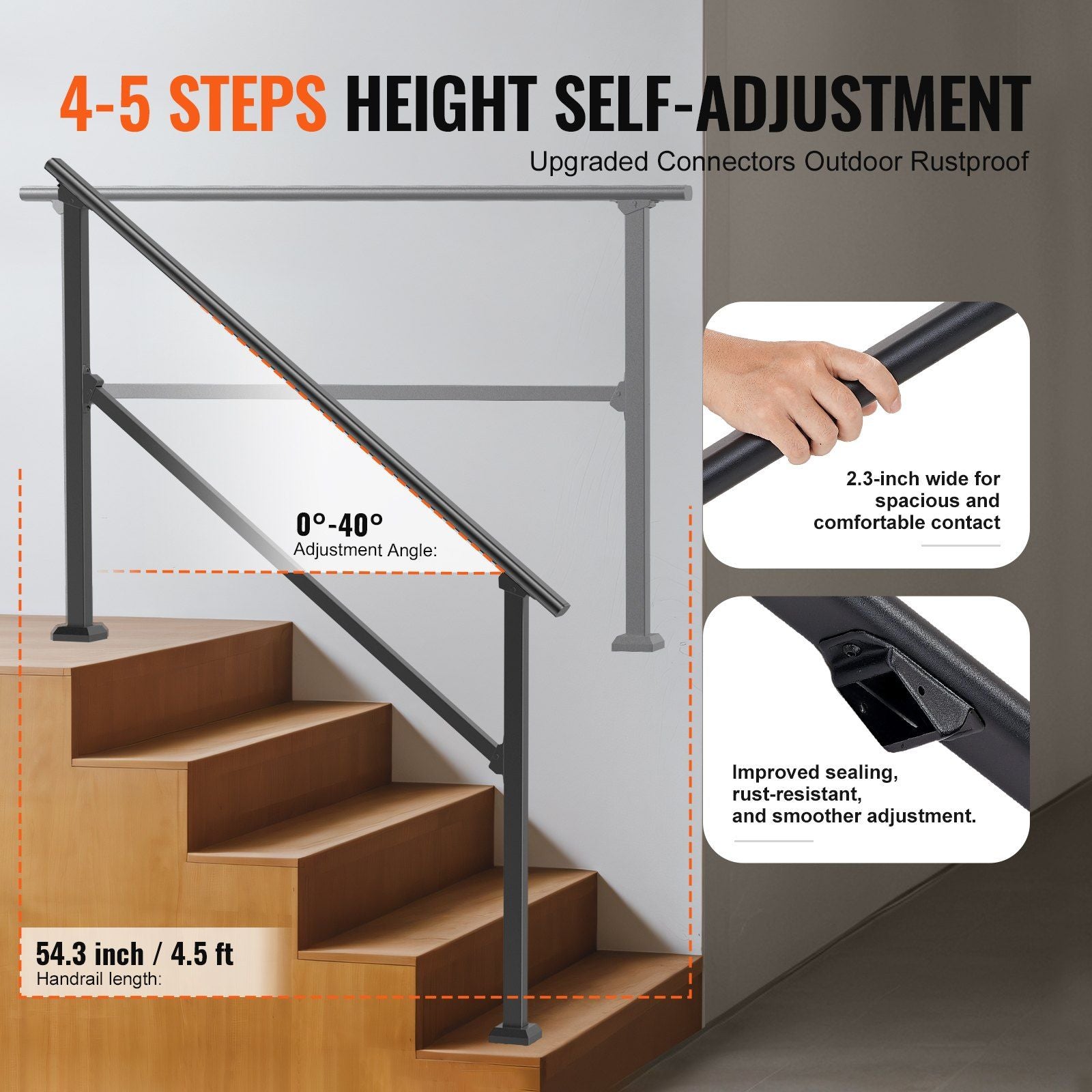 Handrails for Outdoor Steps, 4-5 Step Stair Hand Rail Kit, Transitional Carbon Steel Railings with V952-FGDHGZLSLZFSIFL6RV0