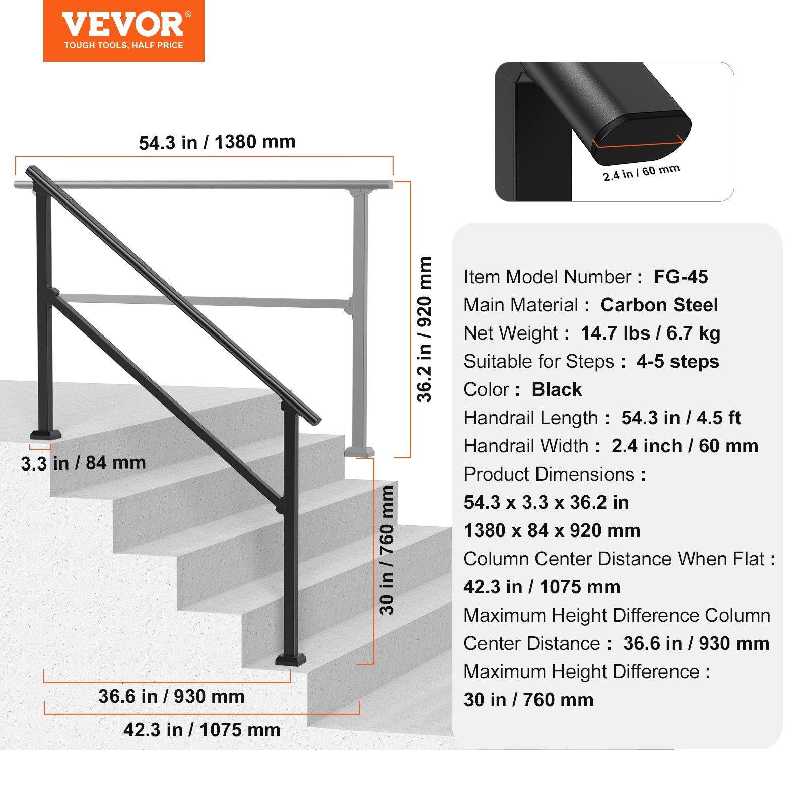 Handrails for Outdoor Steps, 4-5 Step Stair Hand Rail Kit, Transitional Carbon Steel Railings with V952-FGDHGZLSLZFSIFL6RV0