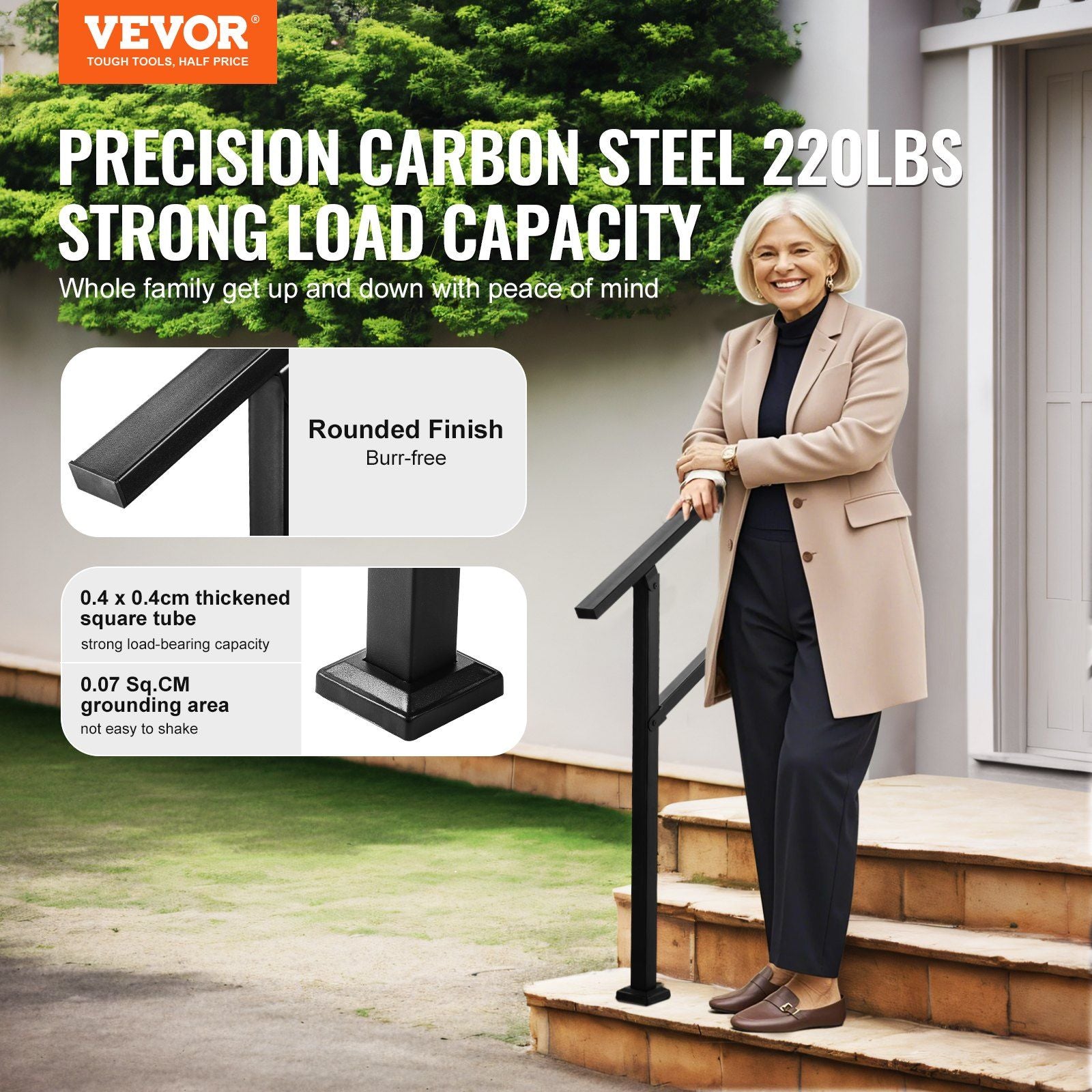 Outdoor Handrails for Steps, 2-3 Step Stair Rail Kit, Black Square Tube with Horizontal Bar, Carbon Steel V952-FGDHGZLSLZFSL90M7V0