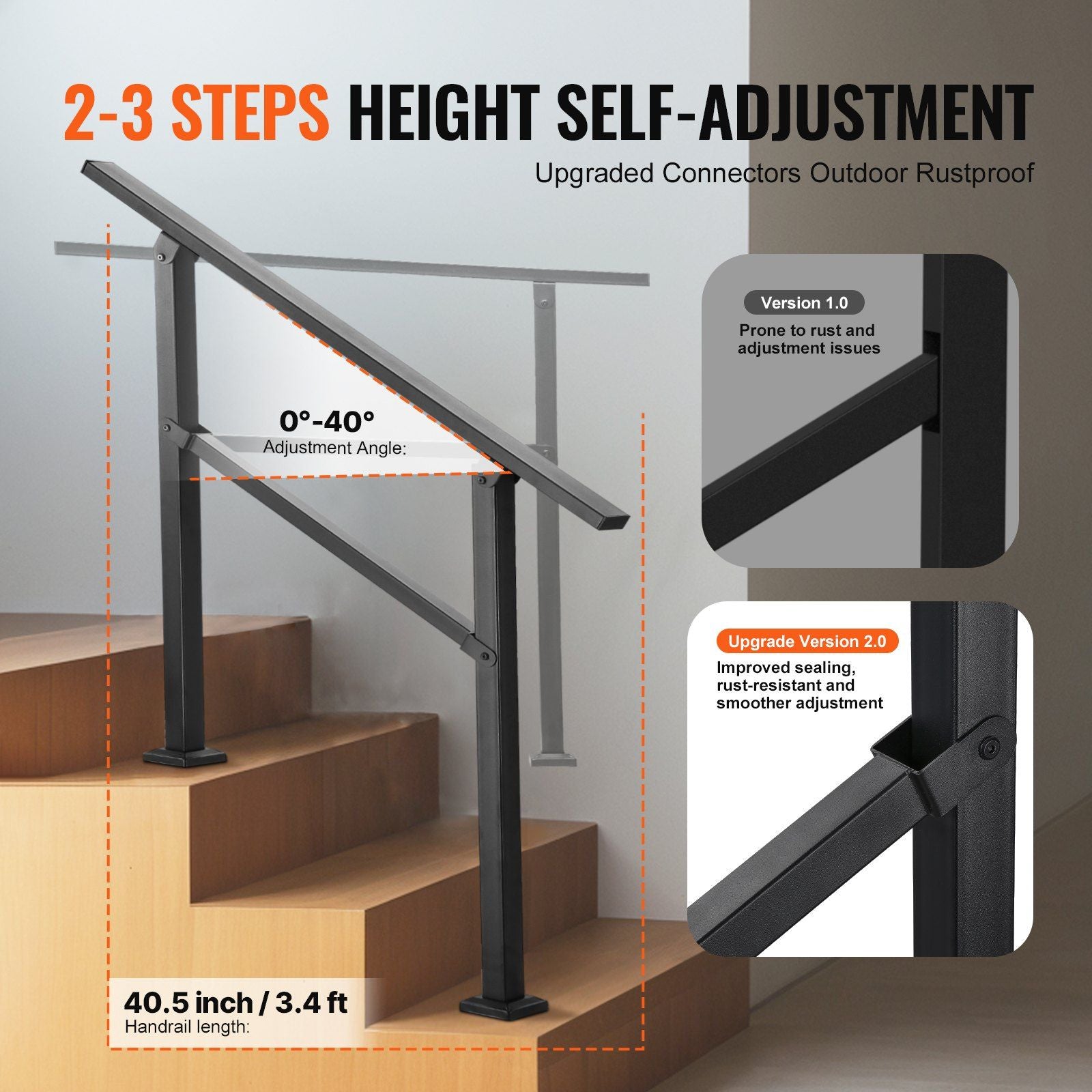 Outdoor Handrails for Steps, 2-3 Step Stair Rail Kit, Black Square Tube with Horizontal Bar, Carbon Steel V952-FGDHGZLSLZFSL90M7V0