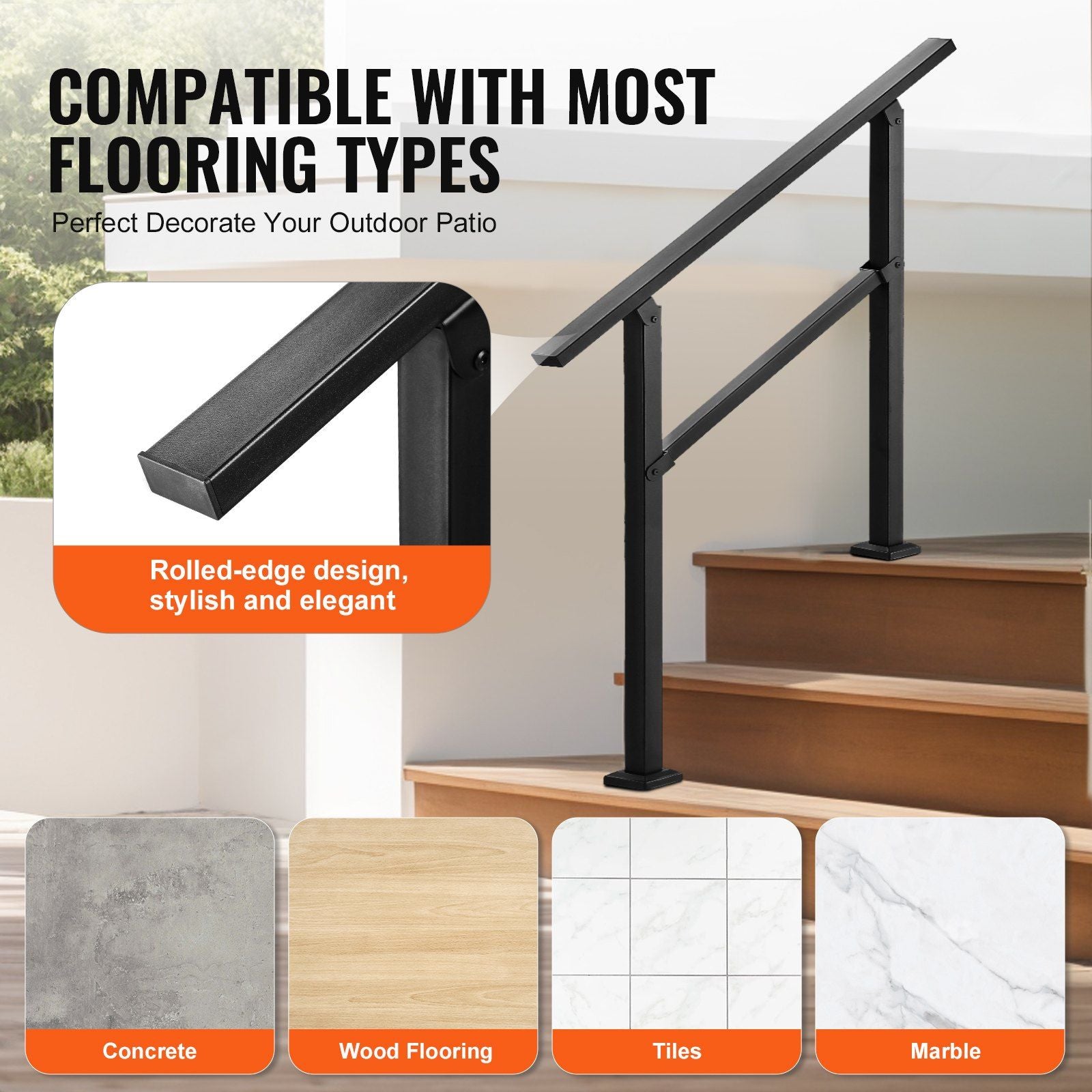Outdoor Handrails for Steps, 2-3 Step Stair Rail Kit, Black Square Tube with Horizontal Bar, Carbon Steel V952-FGDHGZLSLZFSL90M7V0