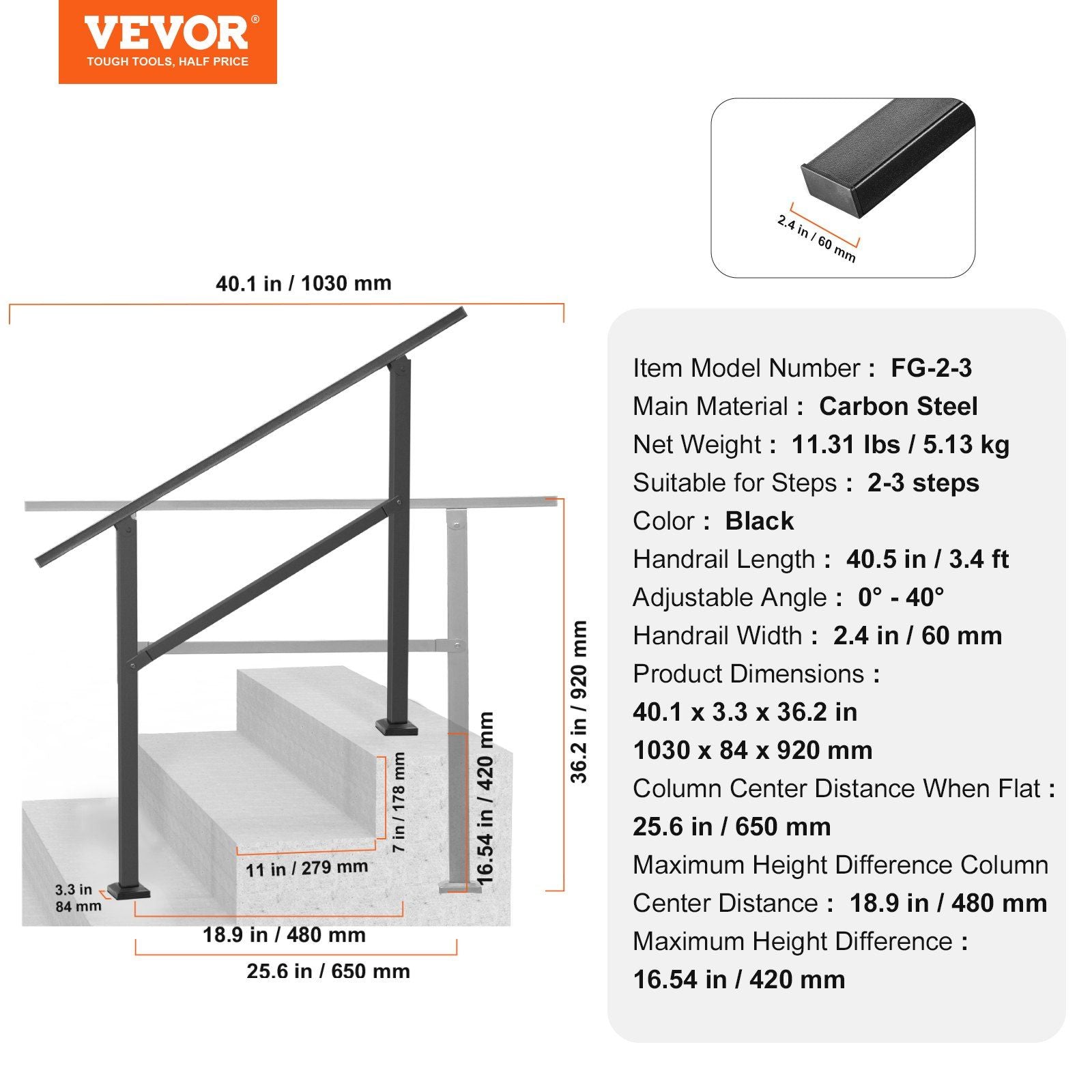 Outdoor Handrails for Steps, 2-3 Step Stair Rail Kit, Black Square Tube with Horizontal Bar, Carbon Steel V952-FGDHGZLSLZFSL90M7V0