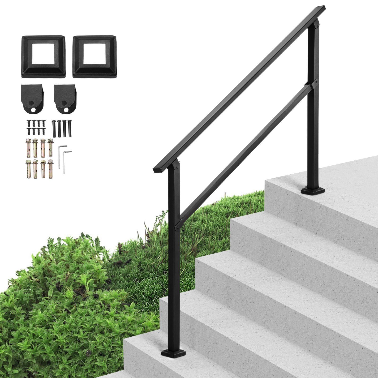 Outdoor Handrails for Steps, 4-5 Step Stair Rail Kit, Black Square Tube with Horizontal Bar, Carbon Steel V952-FGDHGZLSLZFSY0FVPV0