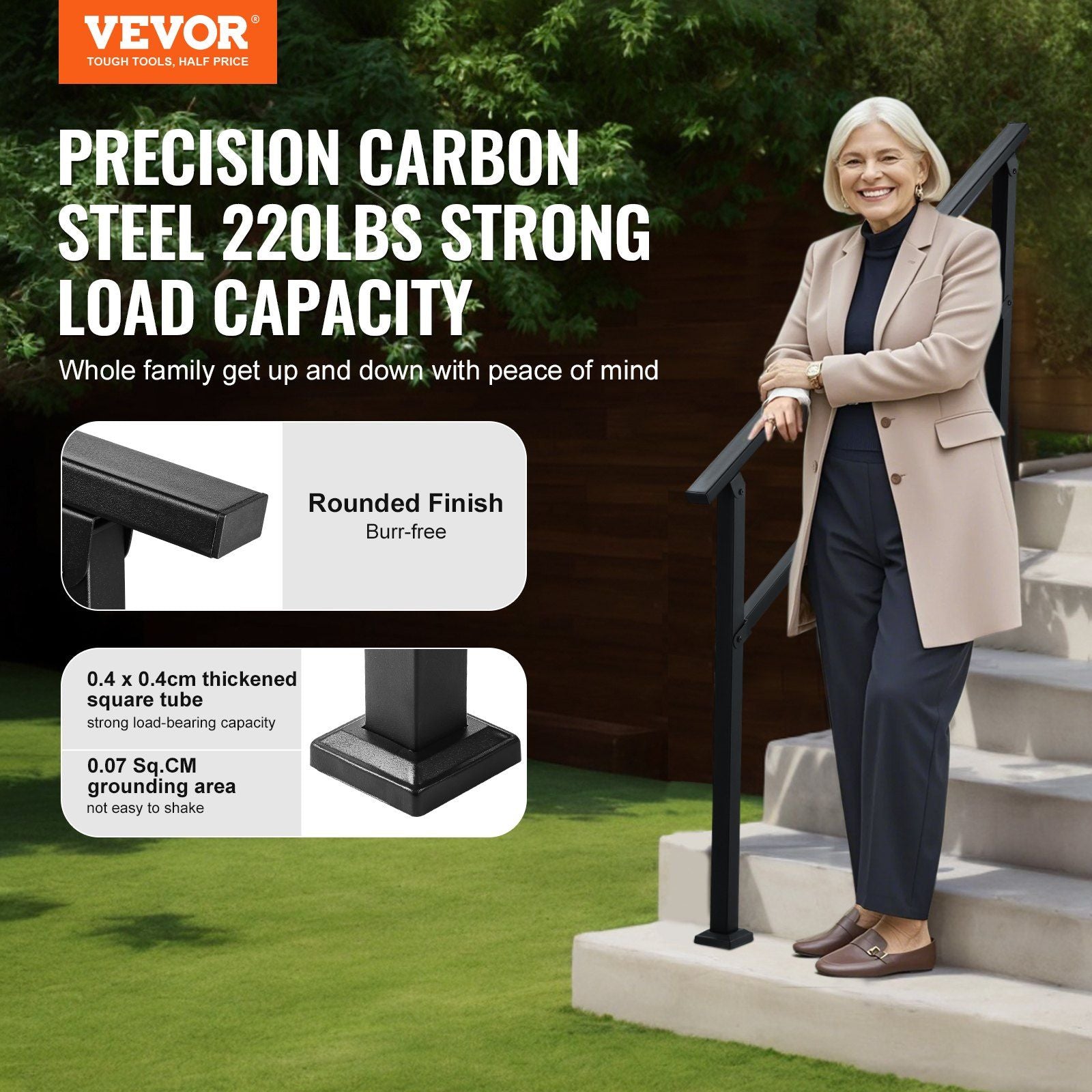 Outdoor Handrails for Steps, 4-5 Step Stair Rail Kit, Black Square Tube with Horizontal Bar, Carbon Steel V952-FGDHGZLSLZFSY0FVPV0