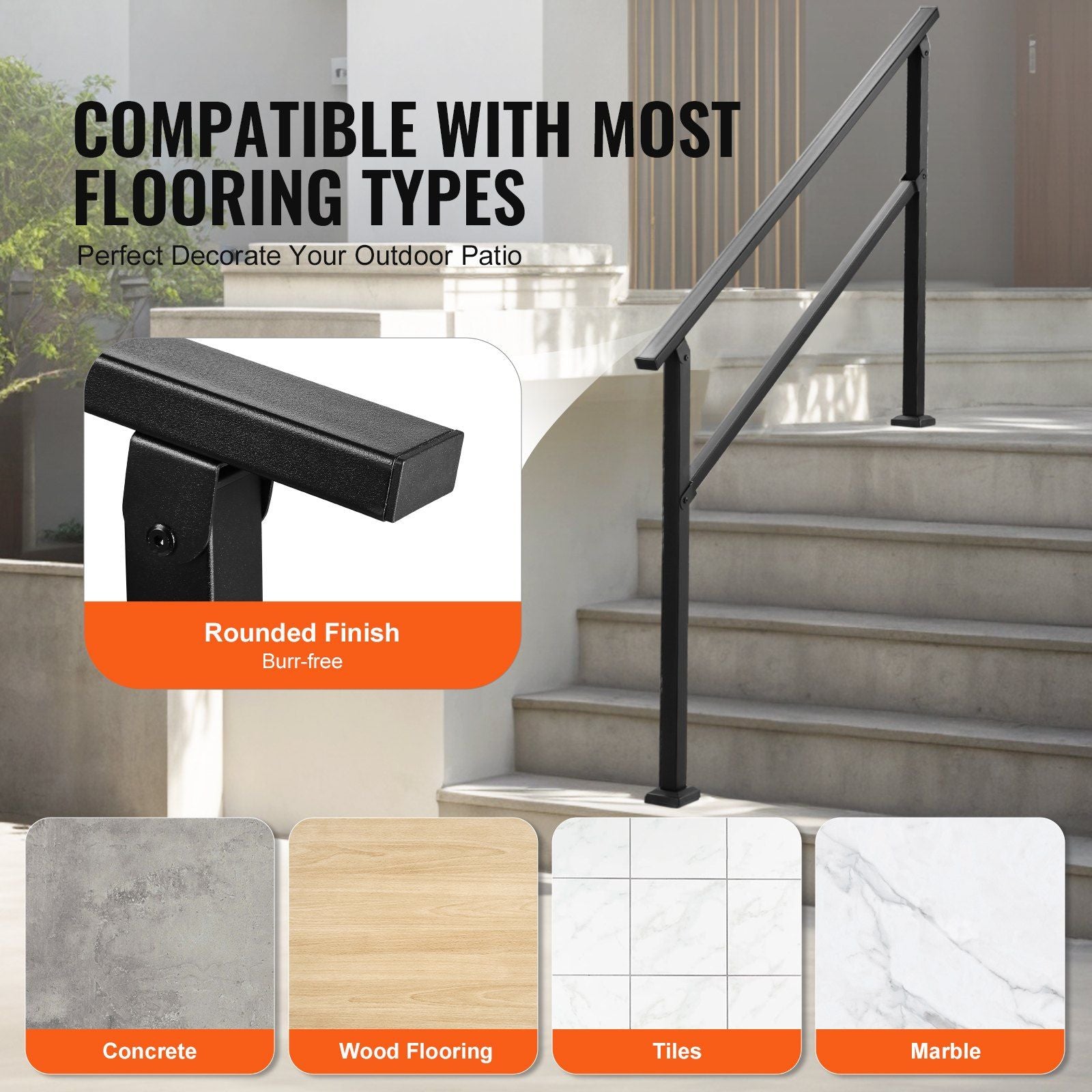 Outdoor Handrails for Steps, 4-5 Step Stair Rail Kit, Black Square Tube with Horizontal Bar, Carbon Steel V952-FGDHGZLSLZFSY0FVPV0