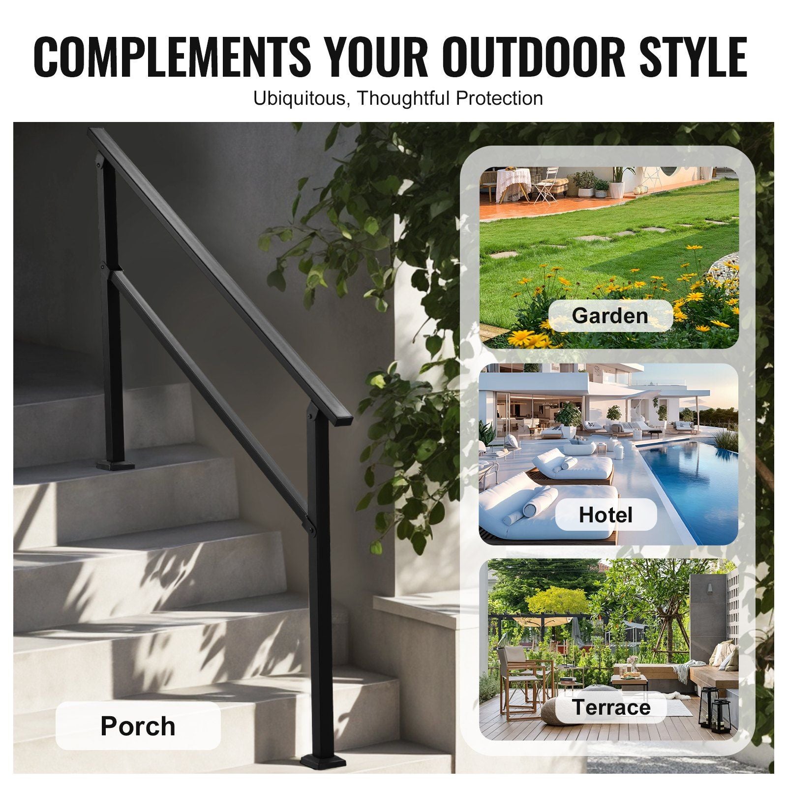 Outdoor Handrails for Steps, 4-5 Step Stair Rail Kit, Black Square Tube with Horizontal Bar, Carbon Steel V952-FGDHGZLSLZFSY0FVPV0