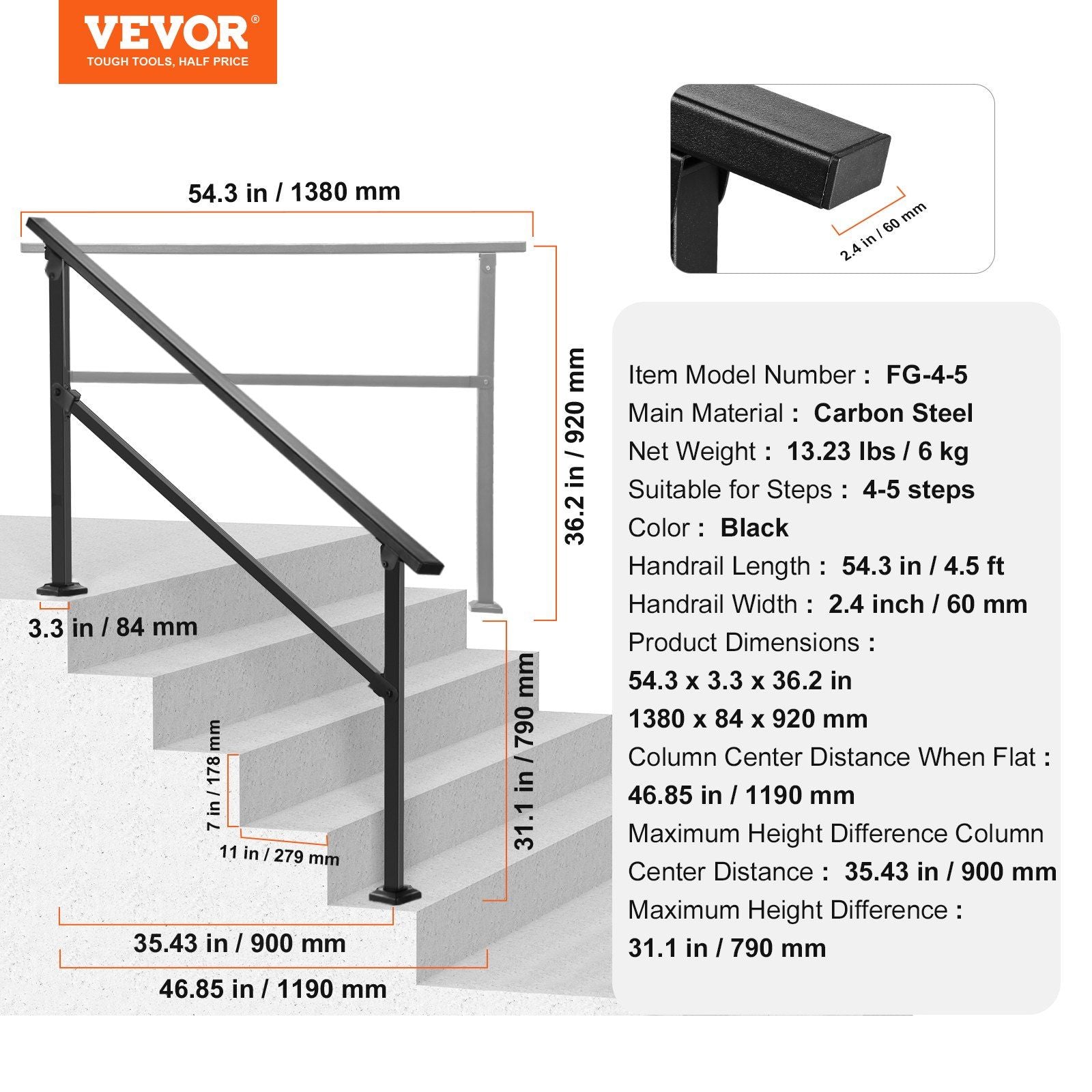 Outdoor Handrails for Steps, 4-5 Step Stair Rail Kit, Black Square Tube with Horizontal Bar, Carbon Steel V952-FGDHGZLSLZFSY0FVPV0