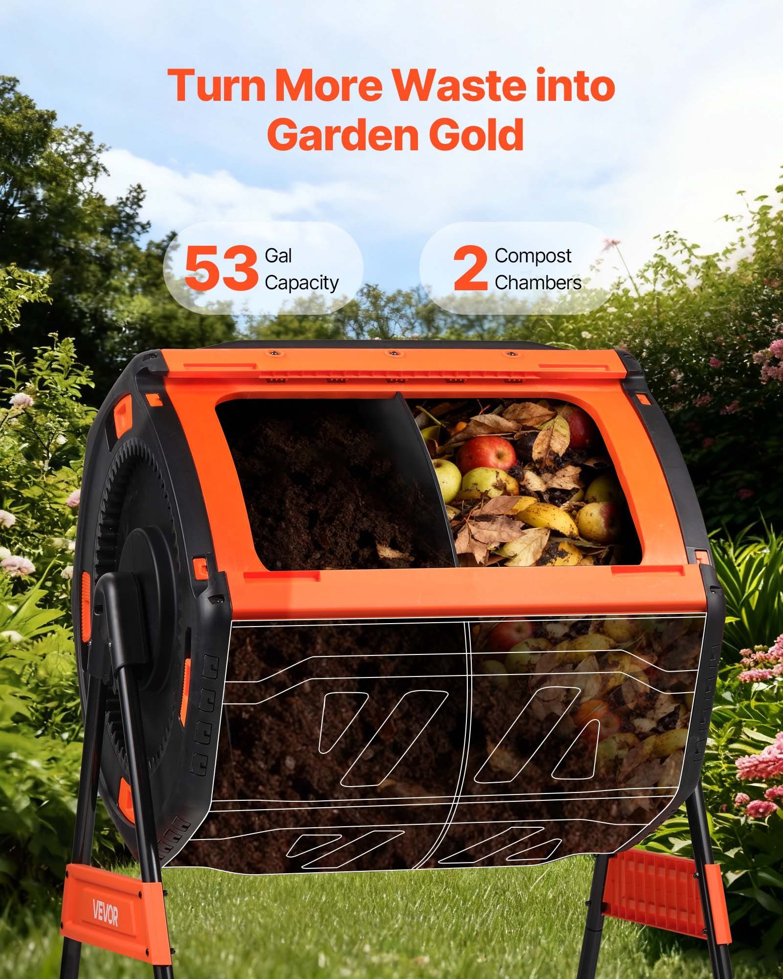 Compost Tumbler, 200L Dual Chamber Outdoor Tumbling Composter with 2 Sliding Doors and Aeration System, Large V952-FGXDFJDGL53GHS2TI001V0