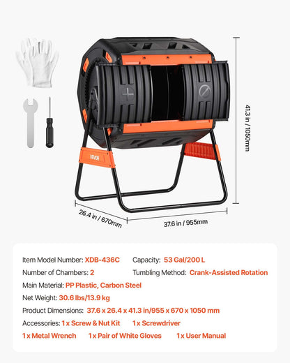 Compost Tumbler, 200L Dual Chamber Outdoor Tumbling Composter with 2 Sliding Doors and Aeration System, Large V952-FGXDFJDGL53GHS2TI001V0