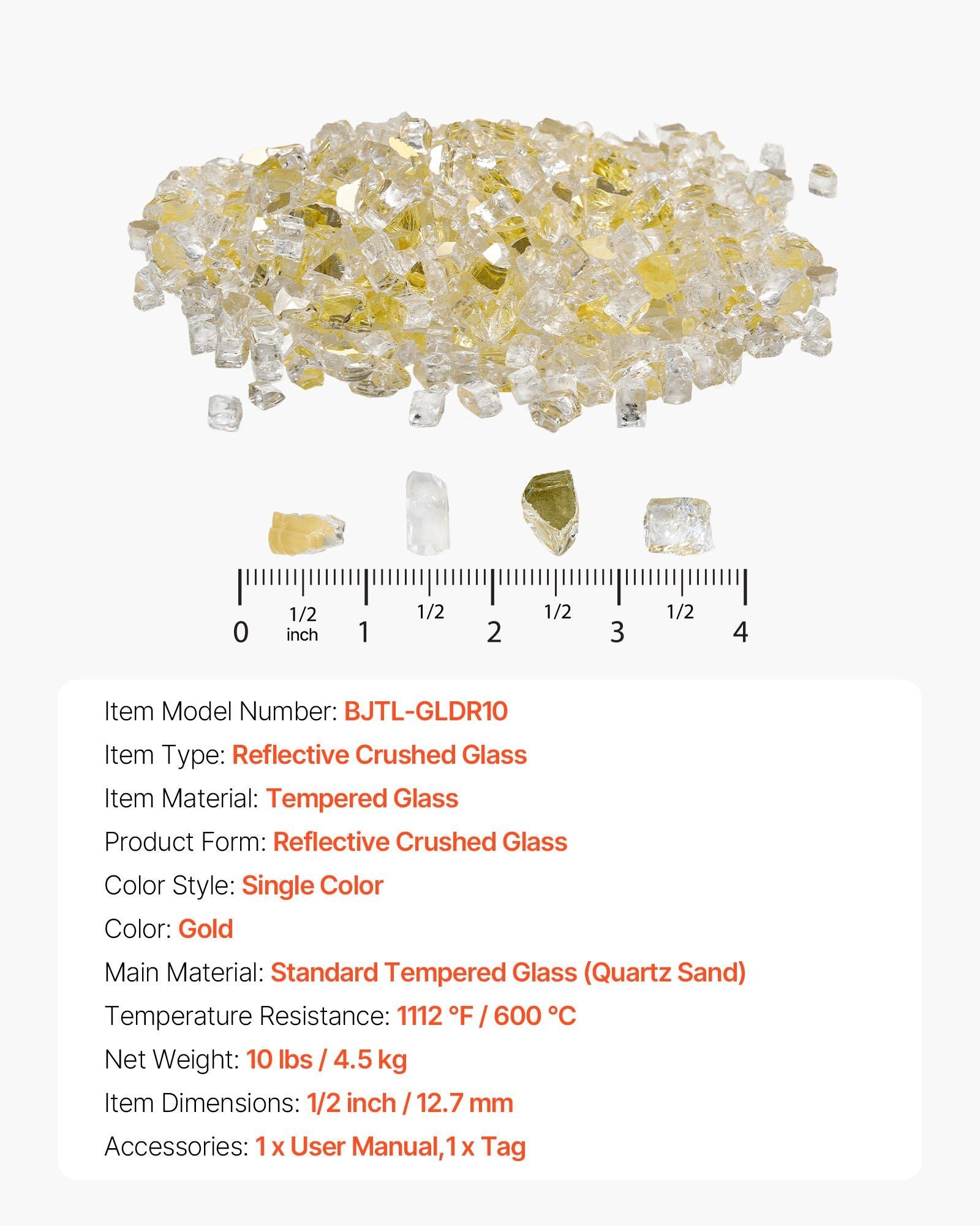 Fire Glass, 10 LBS / 4.5 KG High-Temperature Resistant Fireplace Rocks, 1/2-Inch / 12.7 mm Reflective & V952-FHBLFGSGHBL14HFPV001V0