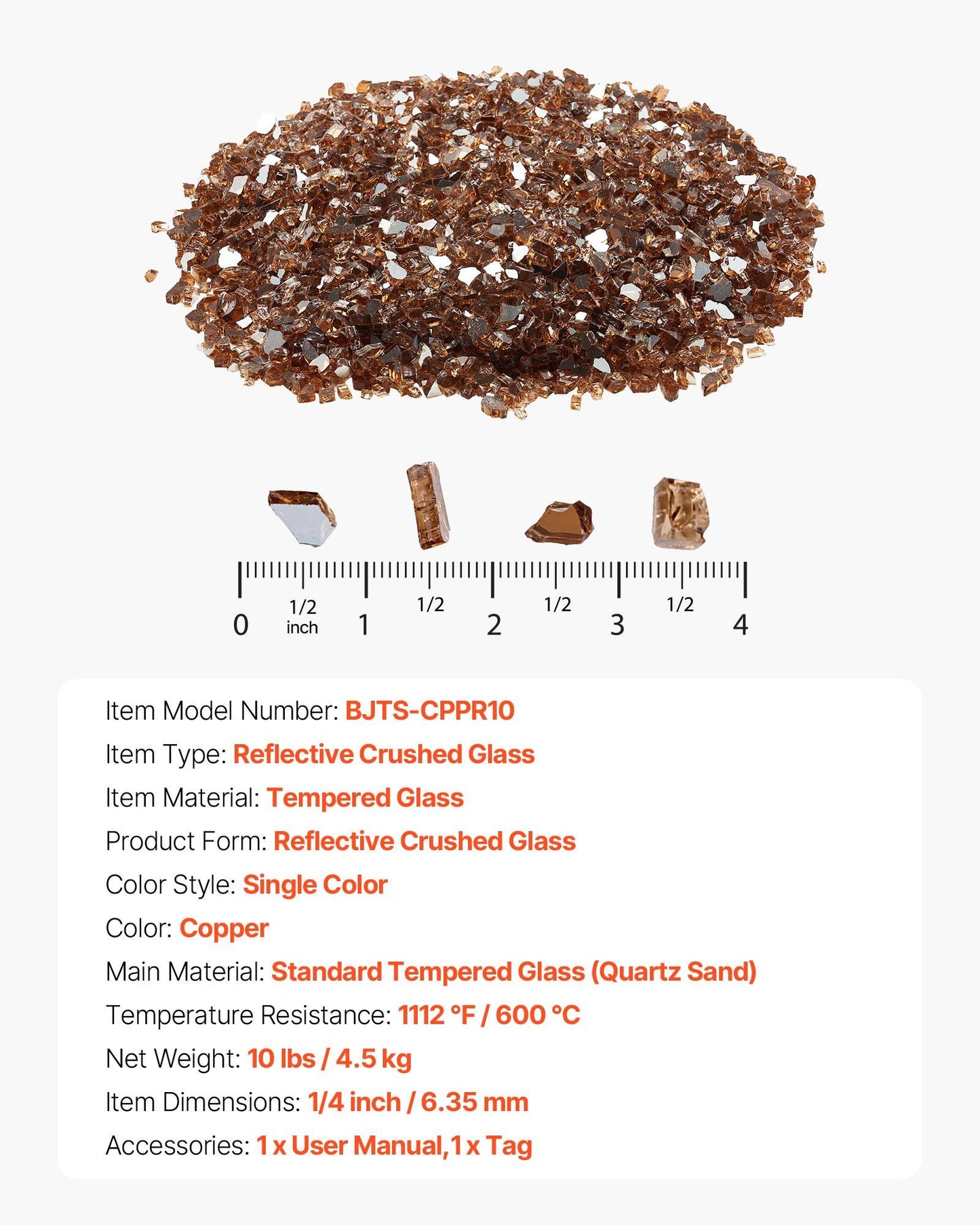 Fire Glass, 10 LBS / 4.5 KG High-Temperature Resistant Fireplace Rocks, 1/4-Inch / 6.35 mm Reflective & V952-FHBLFGSGHBL191LMJ001V0
