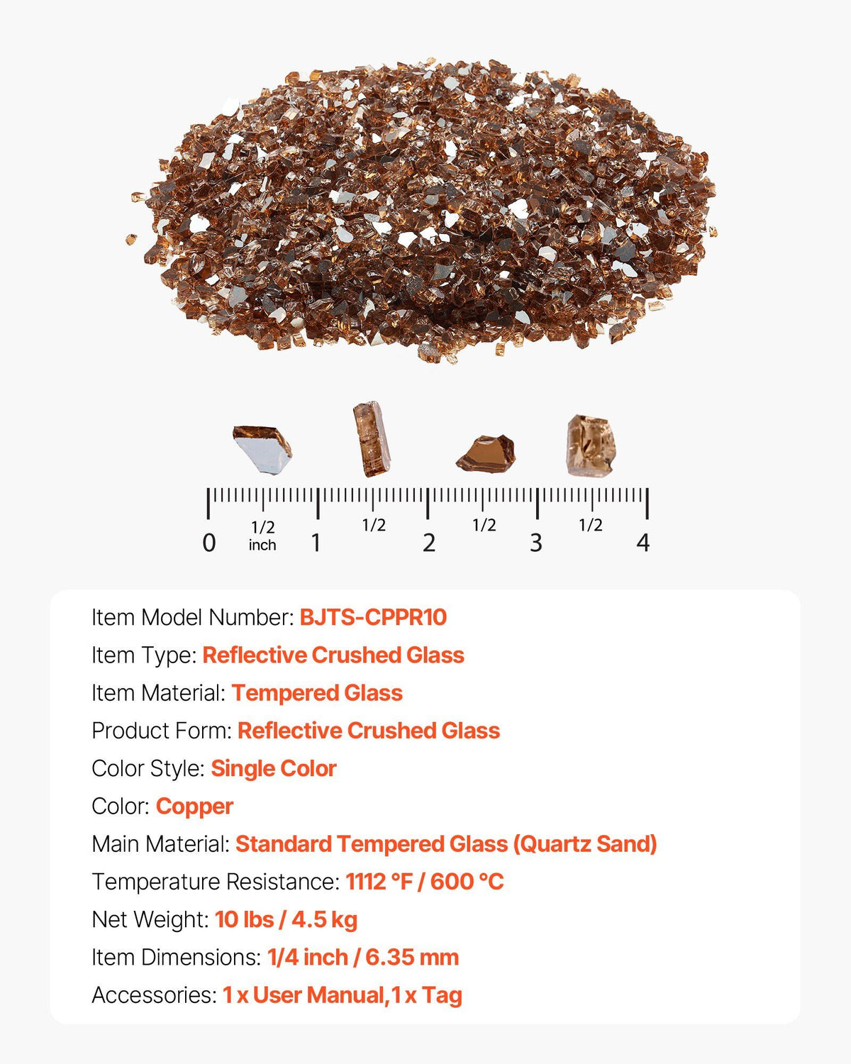Fire Glass, 10 LBS / 4.5 KG High-Temperature Resistant Fireplace Rocks, 1/4-Inch / 6.35 mm Reflective & V952-FHBLFGSGHBL191LMJ001V0
