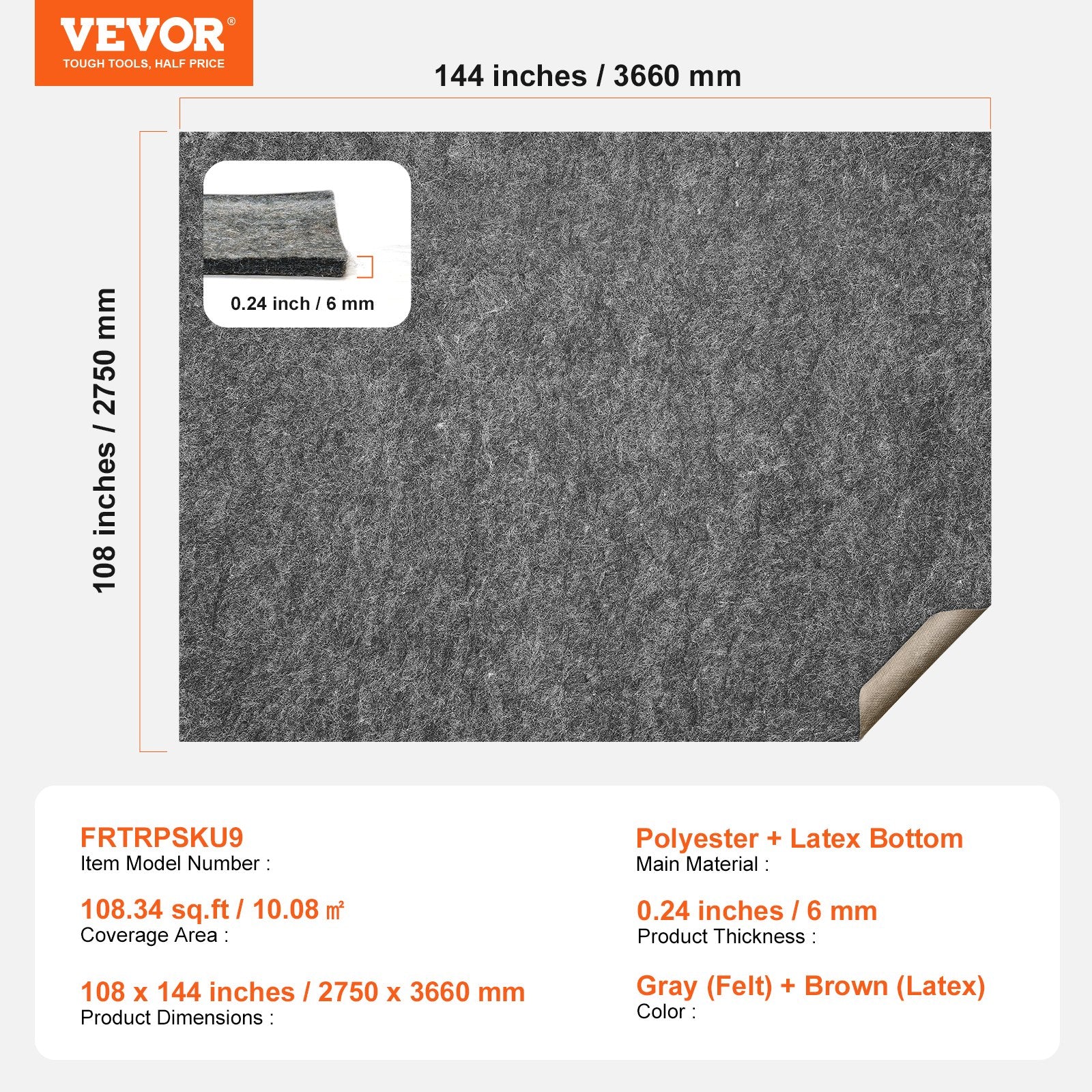 Non Slip Rug Pad Gripper 9' x 12' Carpet Mat 0.24" Thick for All Floor V952-FHDTDBFHWFHQ11GE2V0