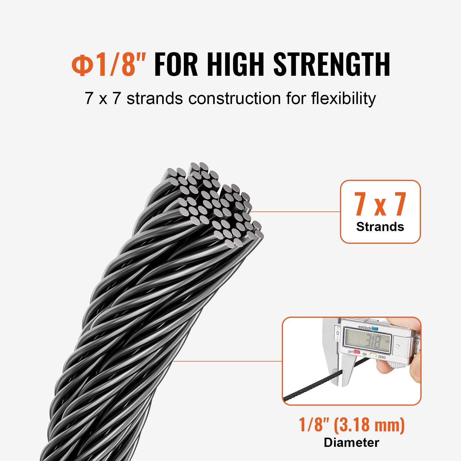 T316 Stainless Steel Cable 3.18mm 7x7 Steel Wire Rope 152.4m Cable Railing V952-FHGSSFH31618GCIQIV0