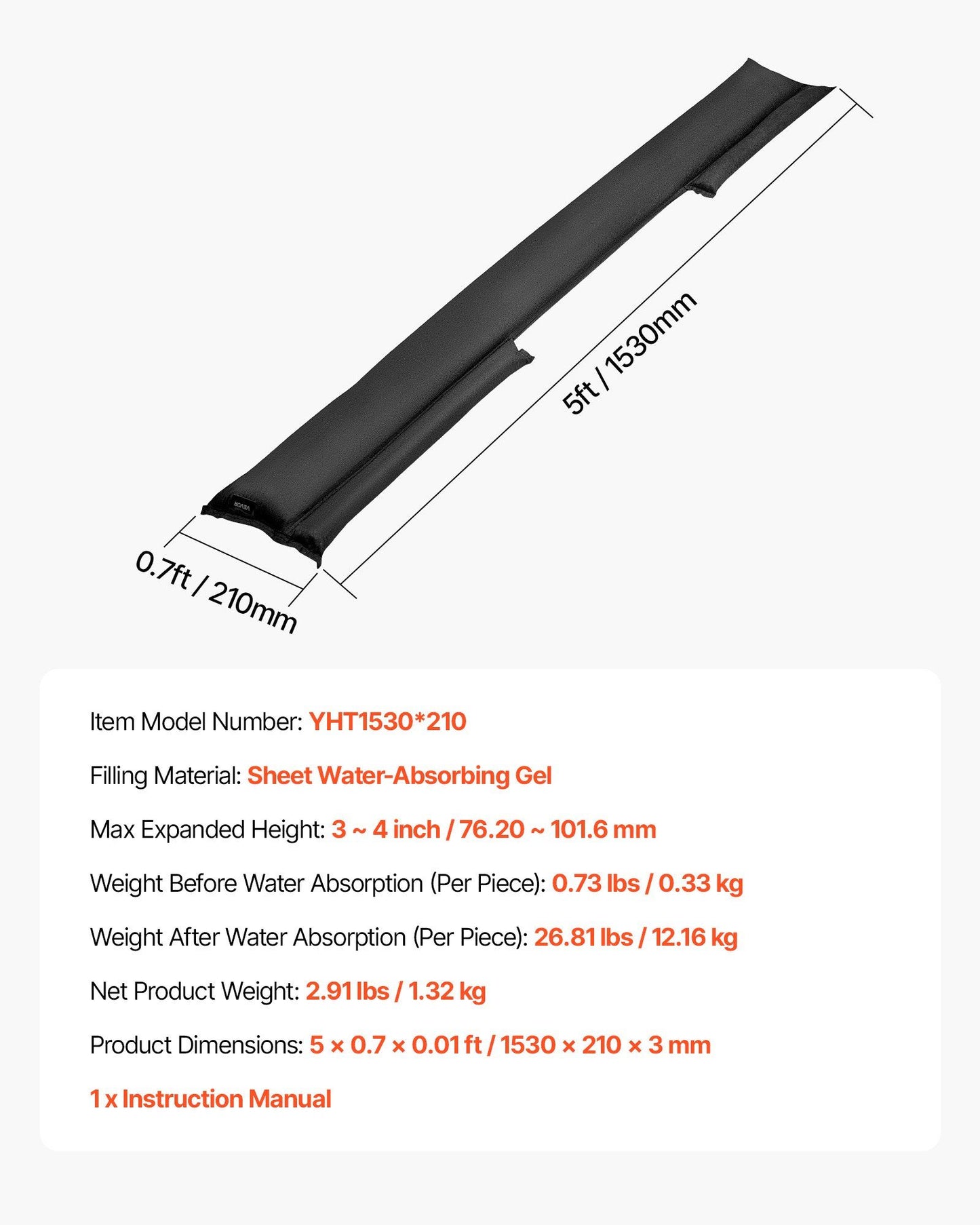 Flood Barrier, 4 Pack, 1530 x 210 mm Flood Bags Activated by Water, Reusable Water Absorbent Barrier, V952-FHPZSJHFHT15RN7S7001V0