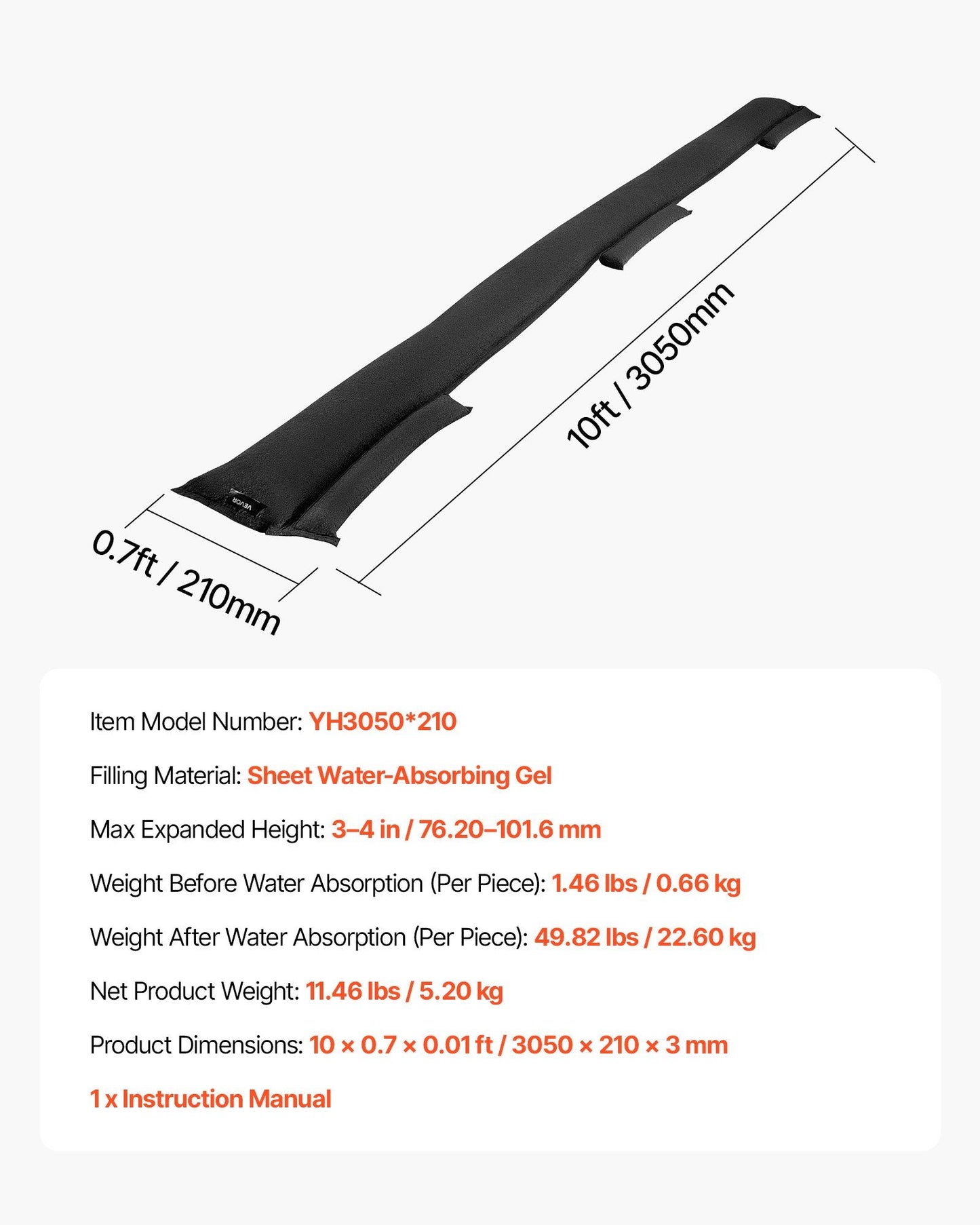 Flood Barrier, 8 Pack, 3050 x 210 mm Flood Bags Activated by Water, Reusable Water Absorbent Barrier, V952-FHPZSJHFHT30UHMJ2001V0