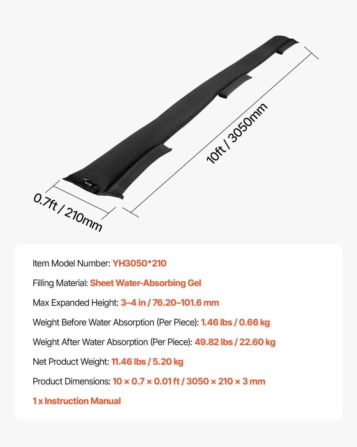 Flood Barrier, 8 Pack, 3050 x 210 mm Flood Bags Activated by Water, Reusable Water Absorbent Barrier, V952-FHPZSJHFHT30UHMJ2001V0
