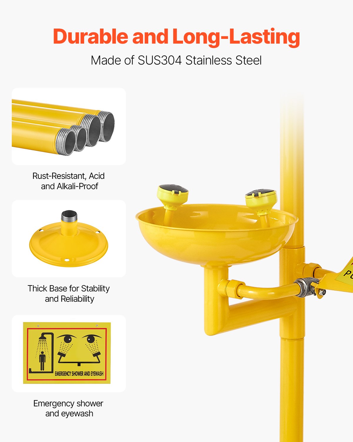 Emergency Shower Eye Wash Station, 34.25 x 15.75 x 91.73 Inch 304 Stainless Steel Eyewash and Shower V952-FHSXYQ20241JUBKCE001V0
