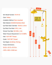 Emergency Shower Eye Wash Station, 34.25 x 15.75 x 91.73 Inch 304 Stainless Steel Eyewash and Shower V952-FHSXYQ20241JUBKCE001V0