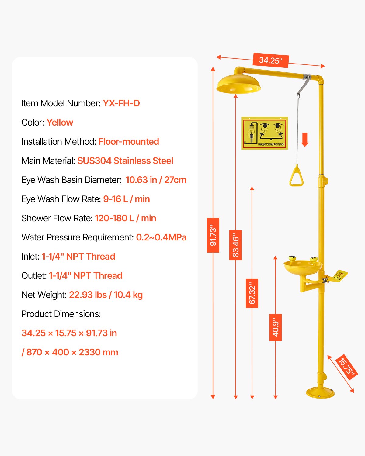 Emergency Shower Eye Wash Station, 34.25 x 15.75 x 91.73 Inch 304 Stainless Steel Eyewash and Shower V952-FHSXYQ20241JUBKCE001V0