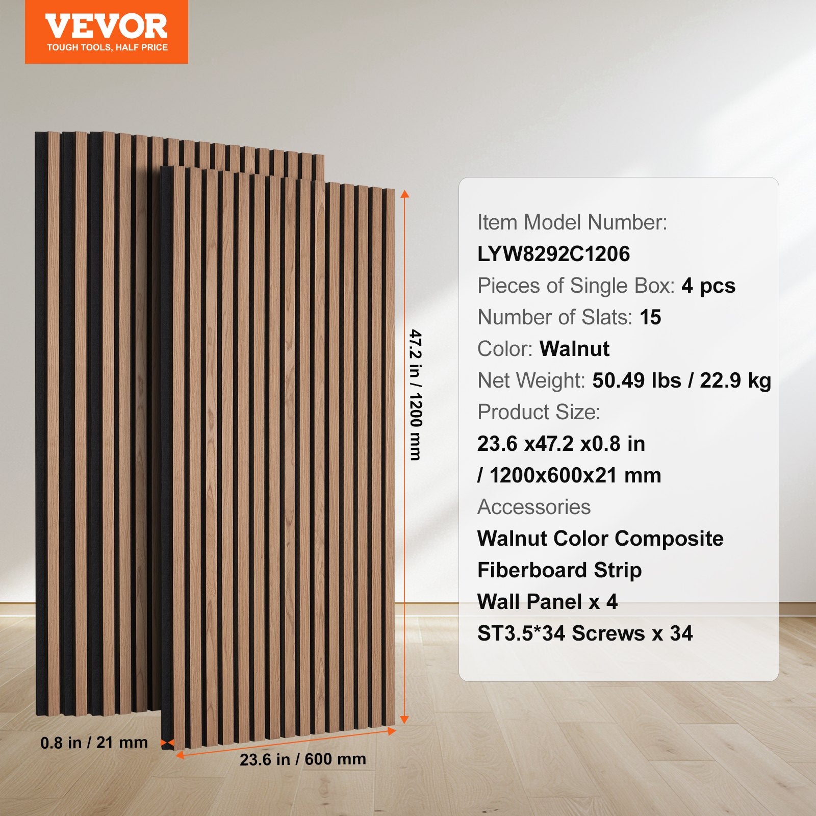 Wood Slat Acoustic Panels 23.6 x 47.2 inch for Modern Wall Decor Walnut V952-FHXWBTQBHTMLN2P64V0