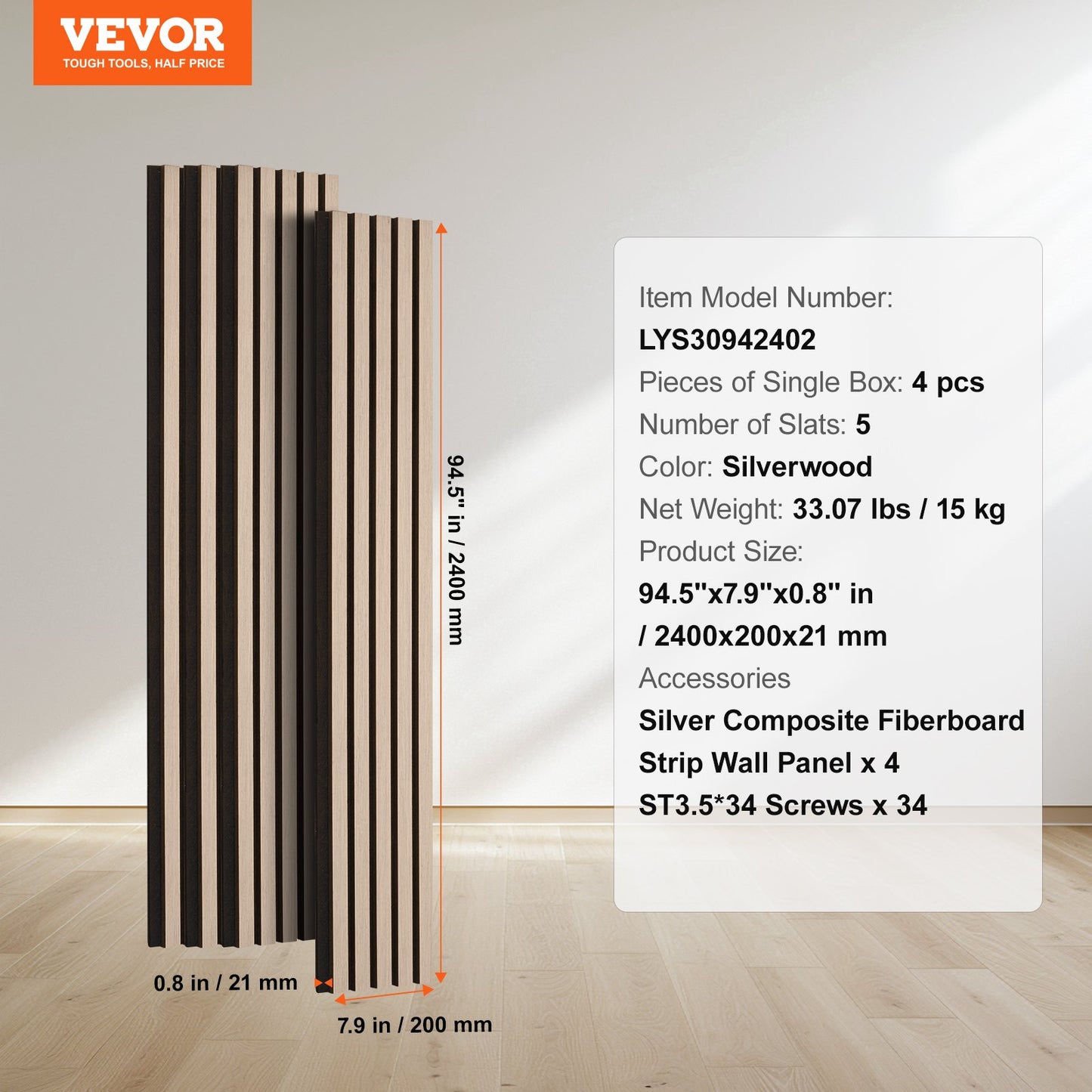 Wood Slat Acoustic Panels, 7.9 x 94.5 inch, MDF Accent Wooden Wall Panels for Modern Interior Wall Decor, V952-FHXWBTQBYML7LX06FV0