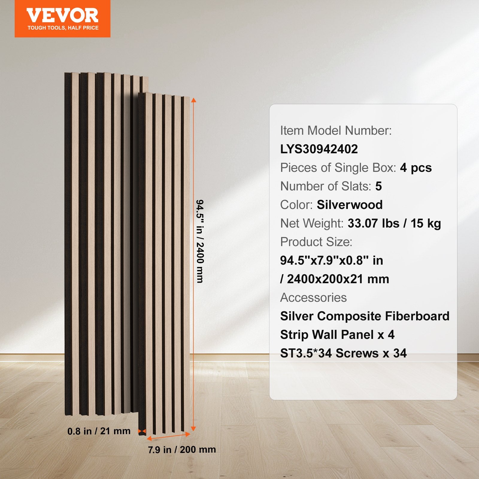 Wood Slat Acoustic Panels, 7.9 x 94.5 inch, MDF Accent Wooden Wall Panels for Modern Interior Wall Decor, V952-FHXWBTQBYML7LX06FV0