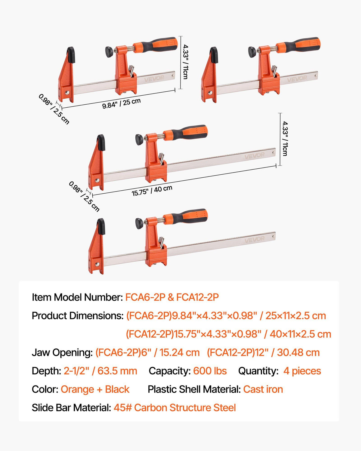 Bar Clamps for Woodworking, 2-Pack 15.24 cm and 2-Pack 30.48 cm, Lockable F-Clamp with 272 kg Load Limit, V952-FJ12INCH4ZTD5D0S0001V0