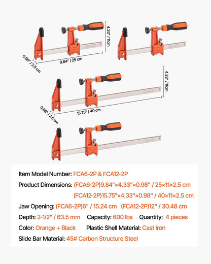 Bar Clamps for Woodworking, 2-Pack 15.24 cm and 2-Pack 30.48 cm, Lockable F-Clamp with 272 kg Load Limit, V952-FJ12INCH4ZTD5D0S0001V0