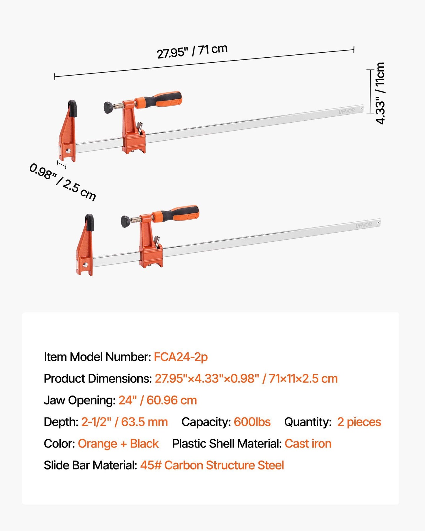 Bar Clamps for Woodworking, 2-Pack 610 mm Opening, Lockable F-Clamp with 272 kg Load Limit, 63.5 mm Depth, V952-FJ24INCH2GZTLIK3X001V0