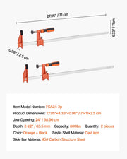 Bar Clamps for Woodworking, 2-Pack 610 mm Opening, Lockable F-Clamp with 272 kg Load Limit, 63.5 mm Depth, V952-FJ24INCH2GZTLIK3X001V0
