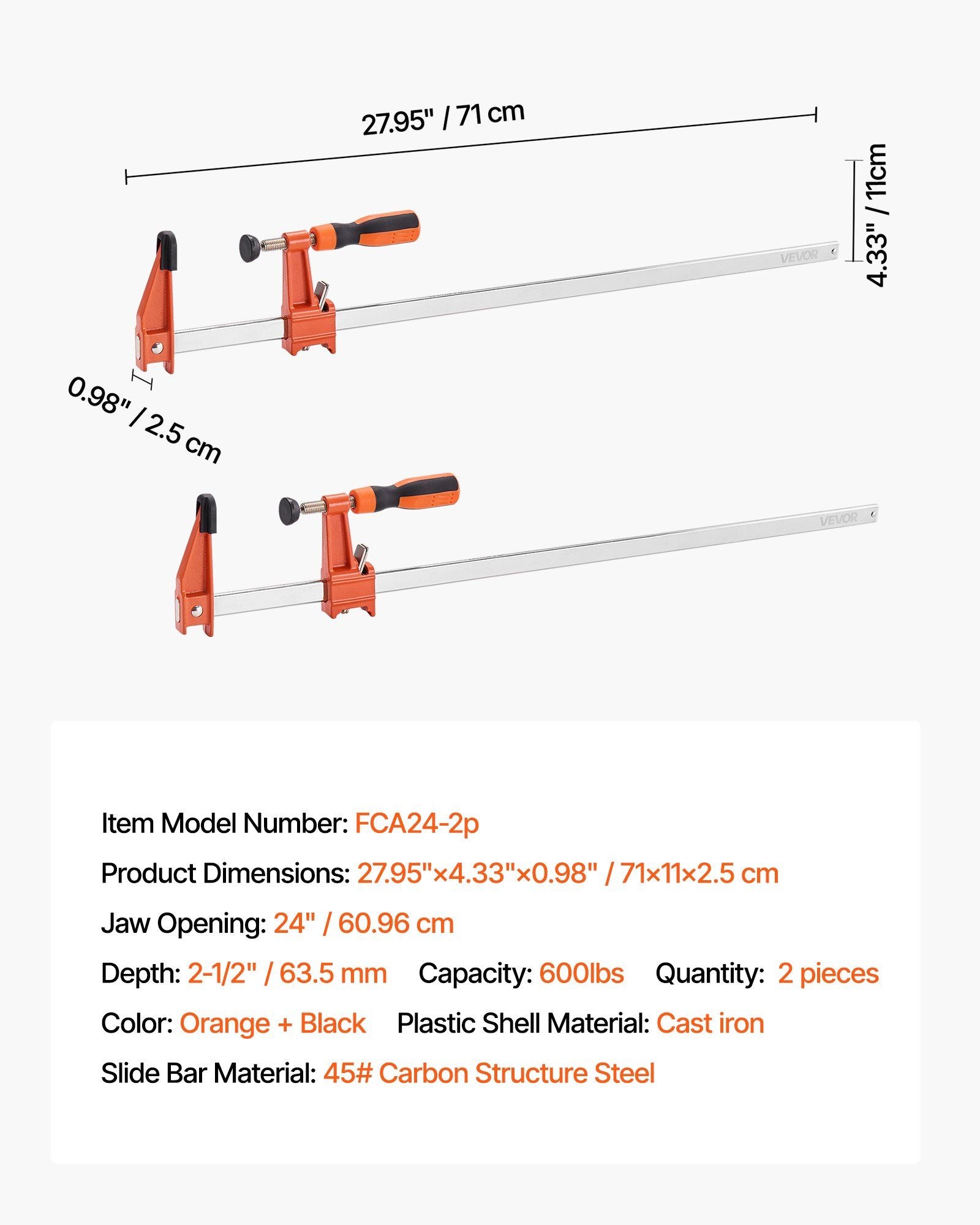 Bar Clamps for Woodworking, 2-Pack 610 mm Opening, Lockable F-Clamp with 272 kg Load Limit, 63.5 mm Depth, V952-FJ24INCH2GZTLIK3X001V0