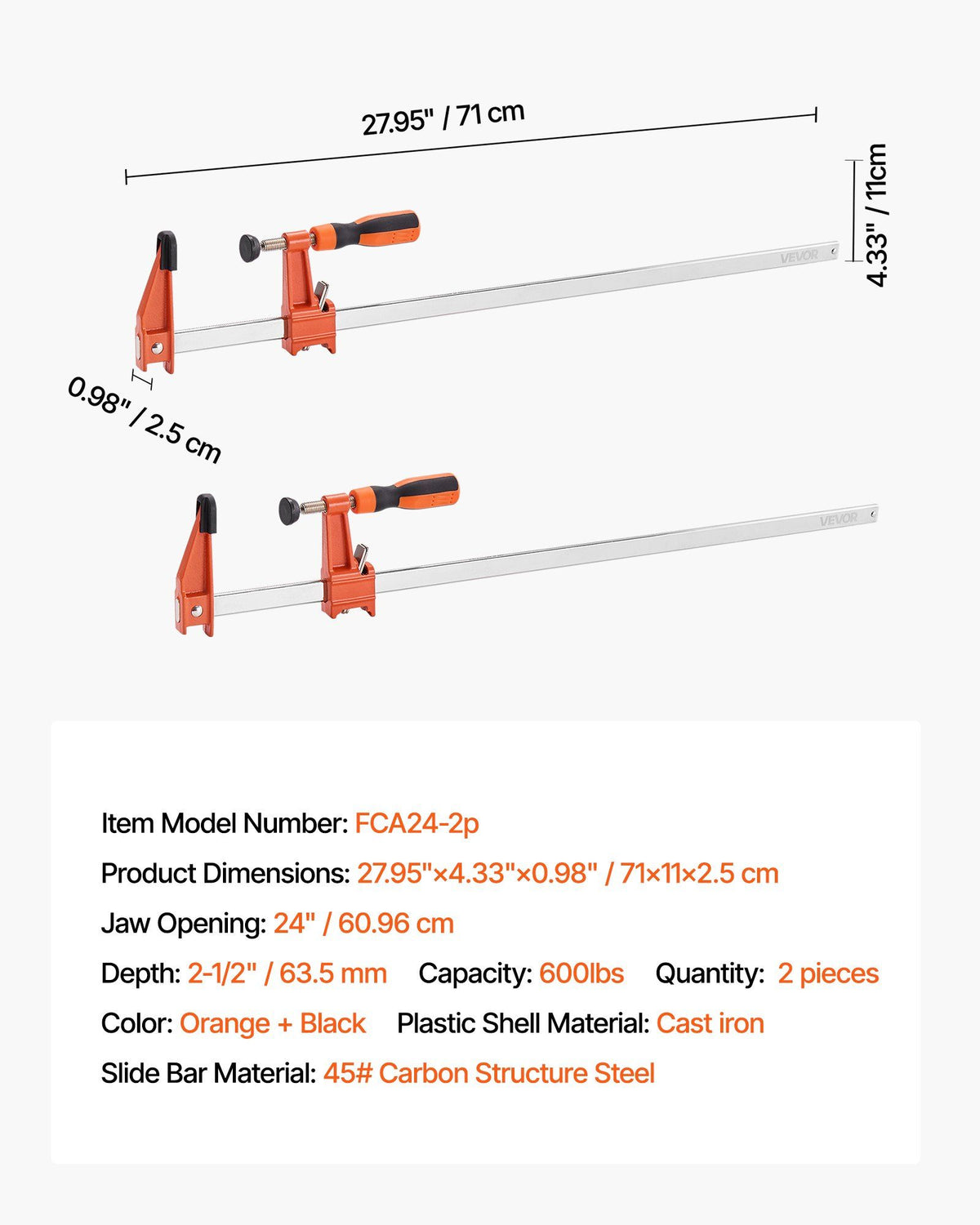 Bar Clamps for Woodworking, 2-Pack 610 mm Opening, Lockable F-Clamp with 272 kg Load Limit, 63.5 mm Depth, V952-FJ24INCH2GZTLIK3X001V0