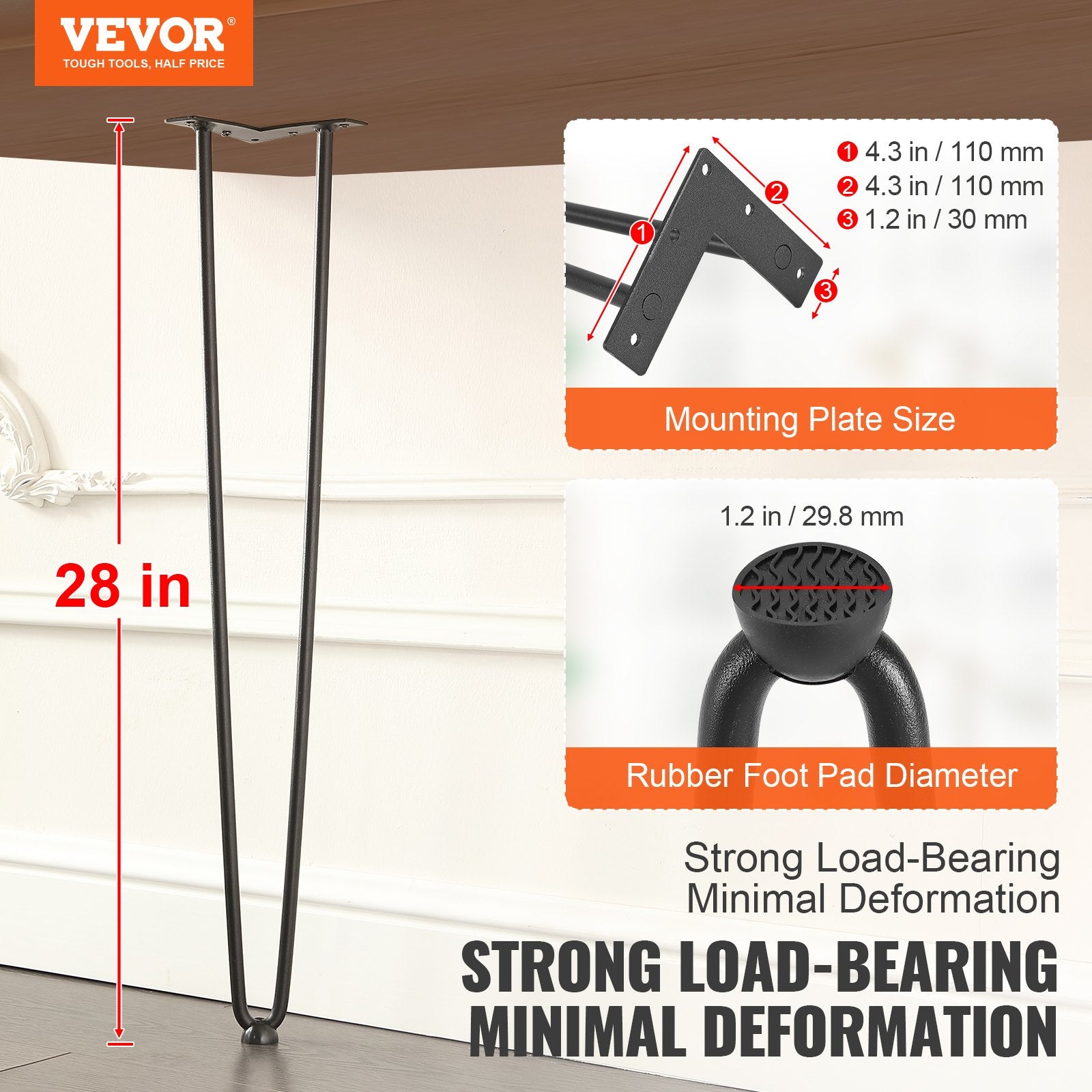 711.2MM Hairpin Furniture Legs, Metal Home DIY Projects for Nightstand, Coffee Table, Desk, 226.8KG Load V952-FJ2GZT28YC1205ROLV0