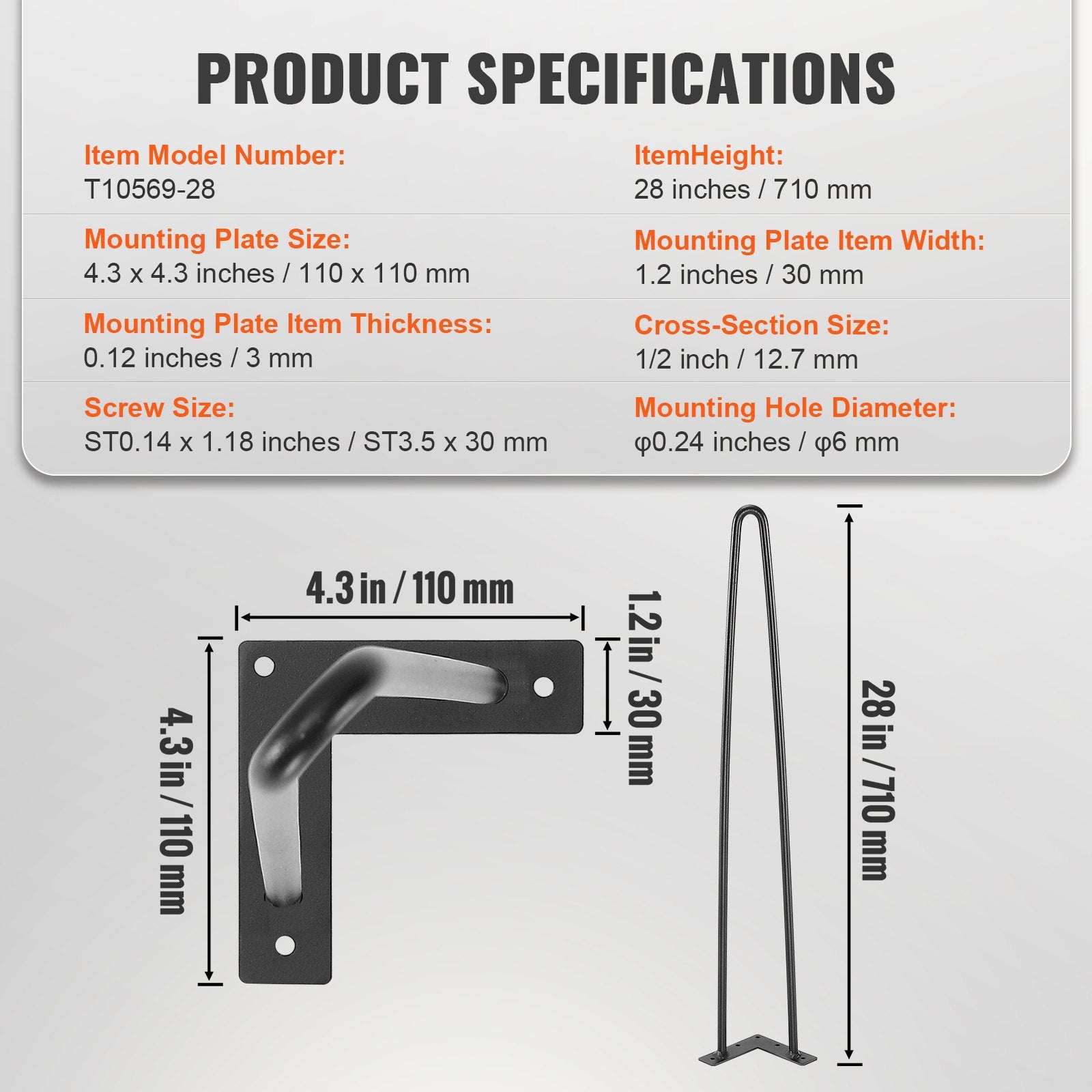 711.2MM Hairpin Furniture Legs, Metal Home DIY Projects for Nightstand, Coffee Table, Desk, 226.8KG Load V952-FJ2GZT28YC1205ROLV0